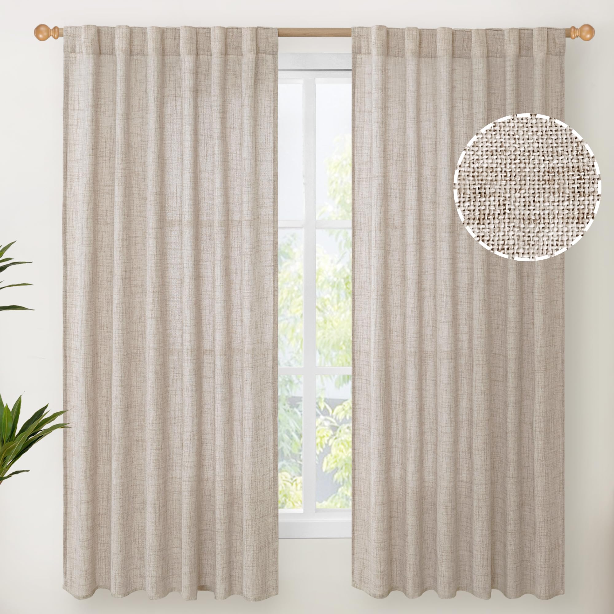 Beige Linen Semi Sheer Curtains 63 Inch Length for Living Room (2 Count)
