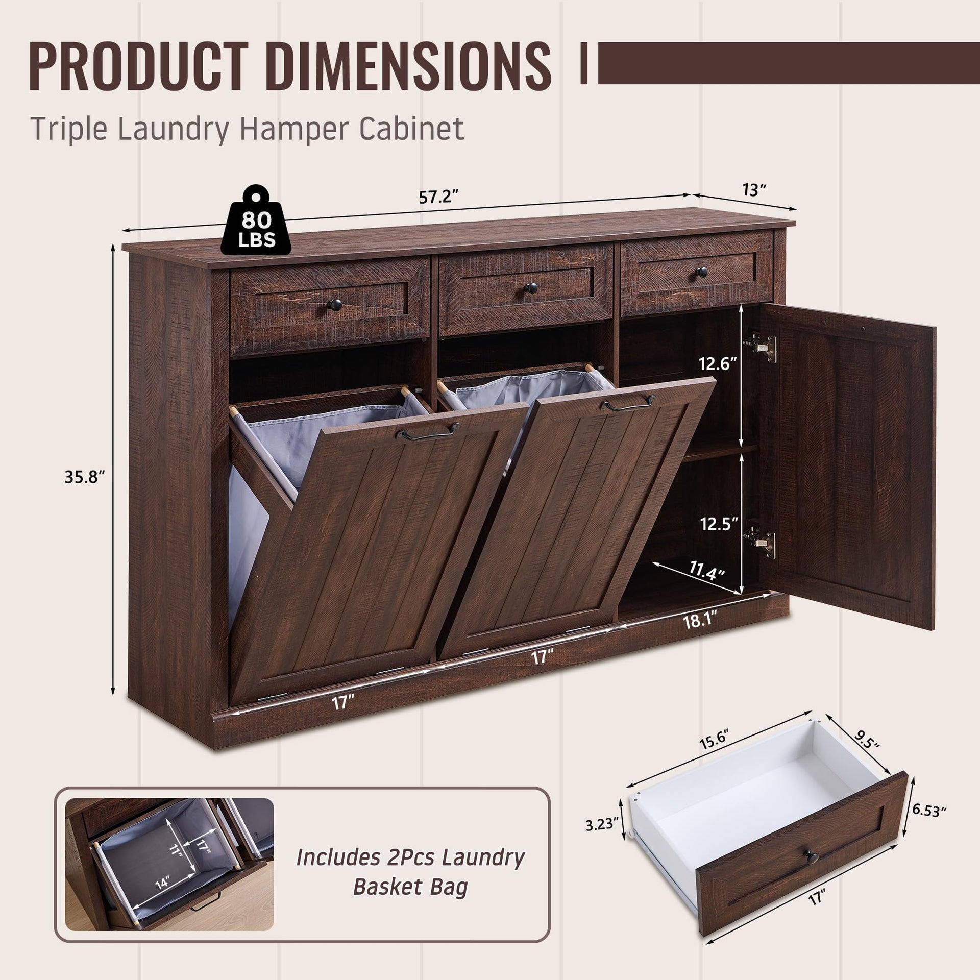 Triple Tilt Out Laundry Hamper Cabinet