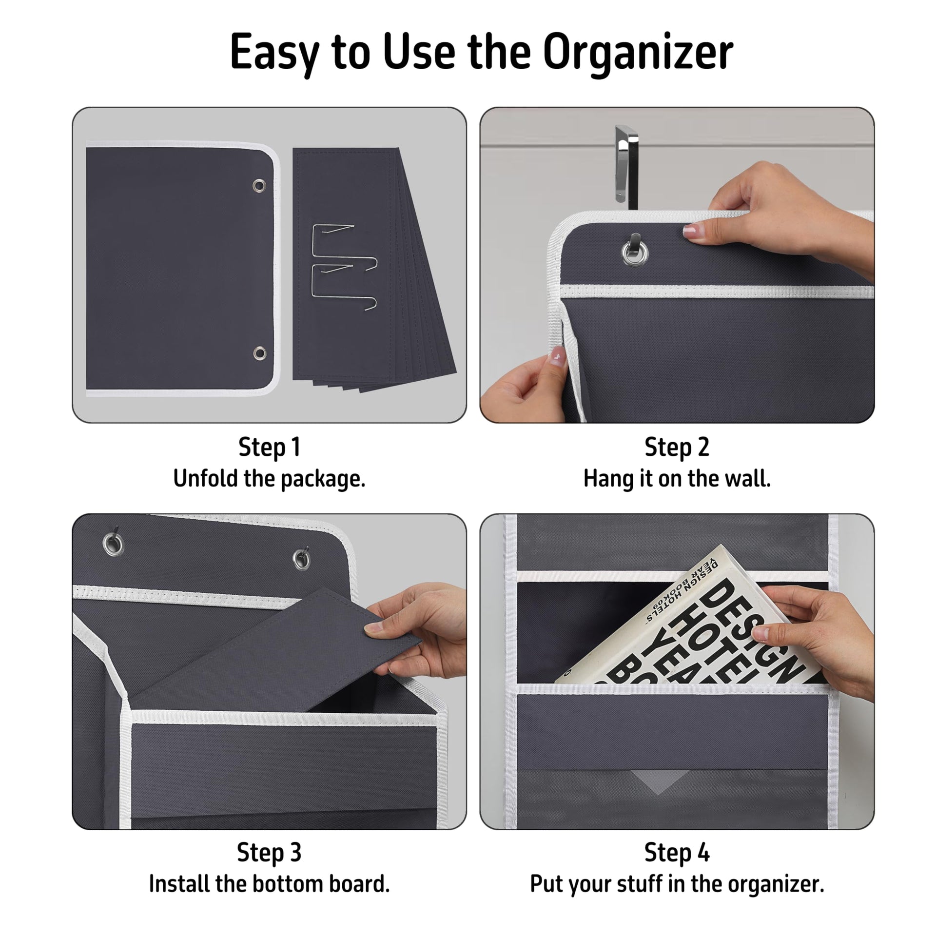 Gray Over Door Organizer with 5 Large Clear Pockets and 6 Side Mesh Pockets