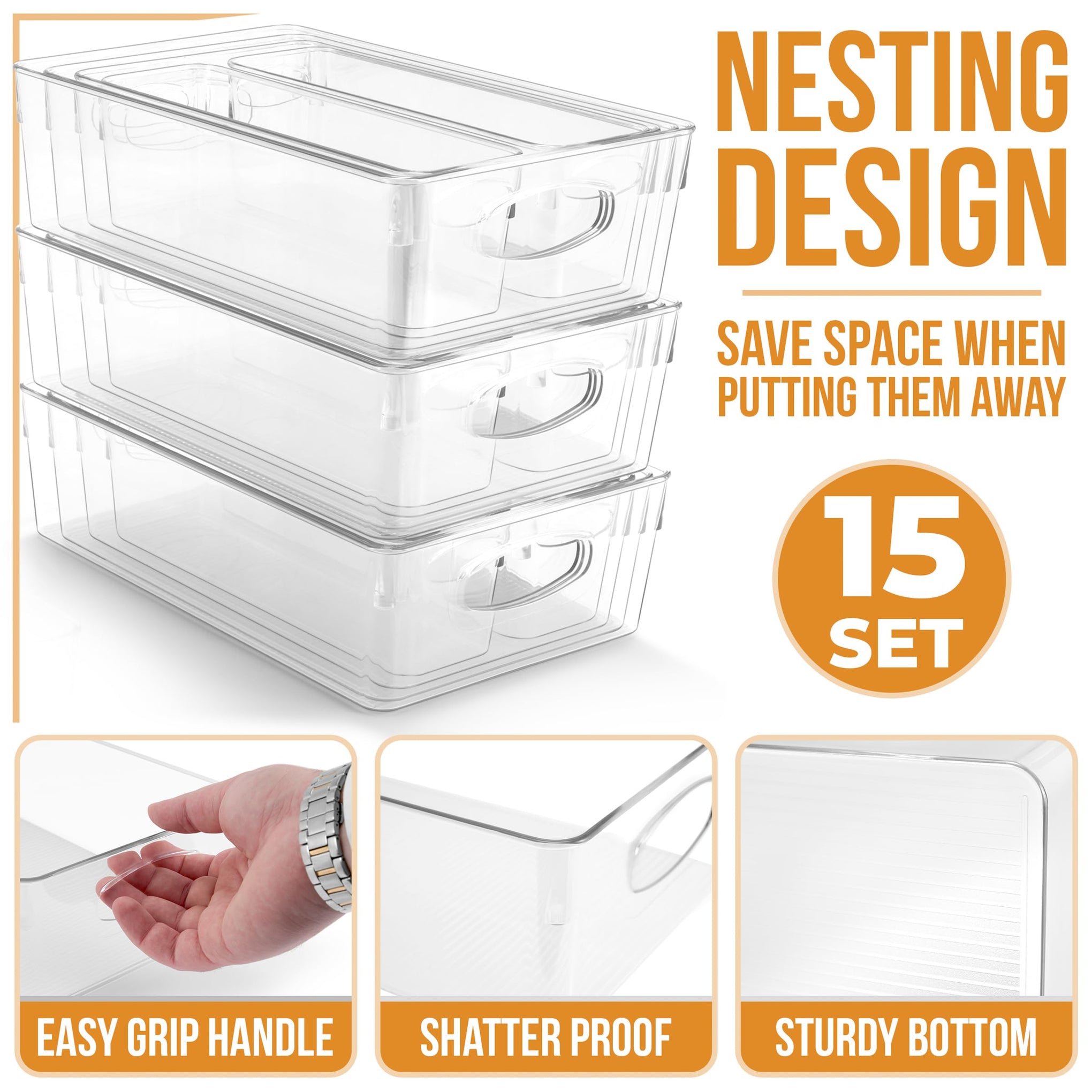 Clear Plastic Storage Bins for Organizing (15 Count)