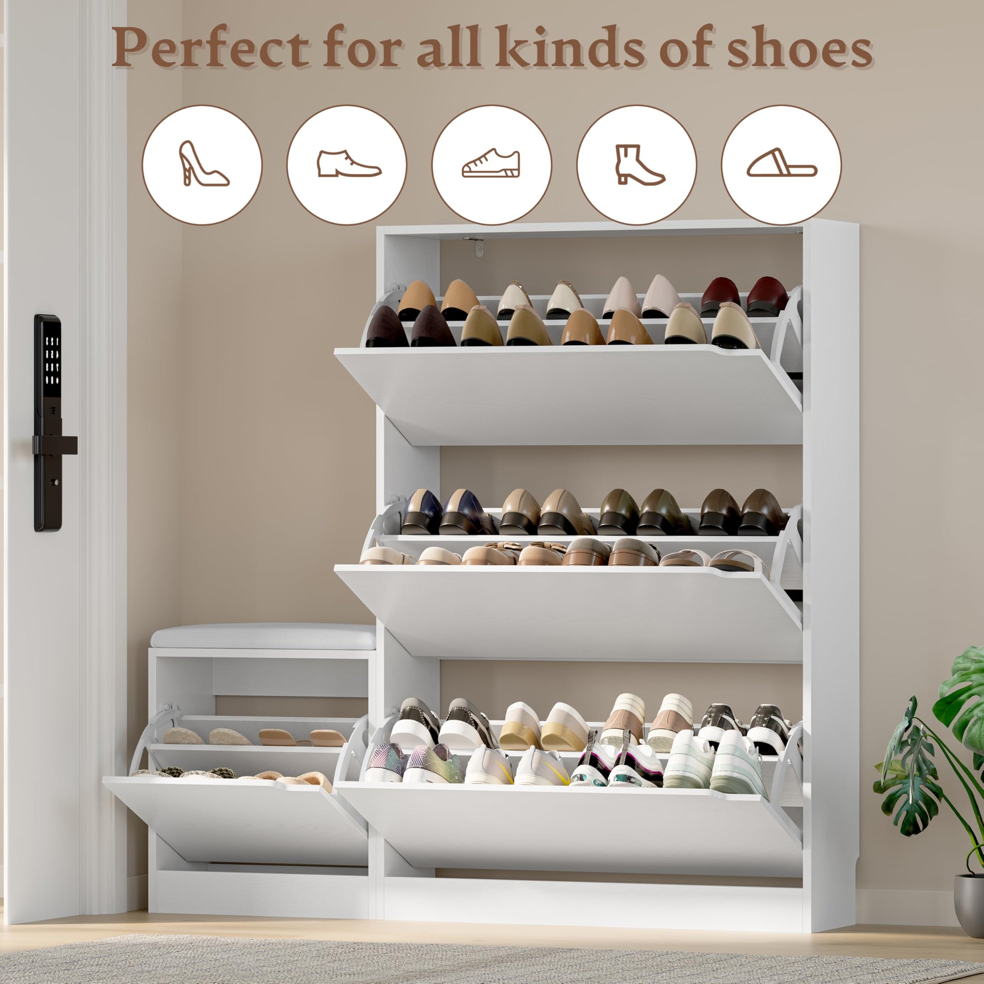 Shoe Cabinet with Bench and 3 Flip Drawers