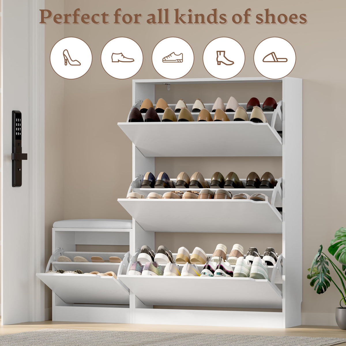 Shoe Cabinet with Bench and 3 Flip Drawers