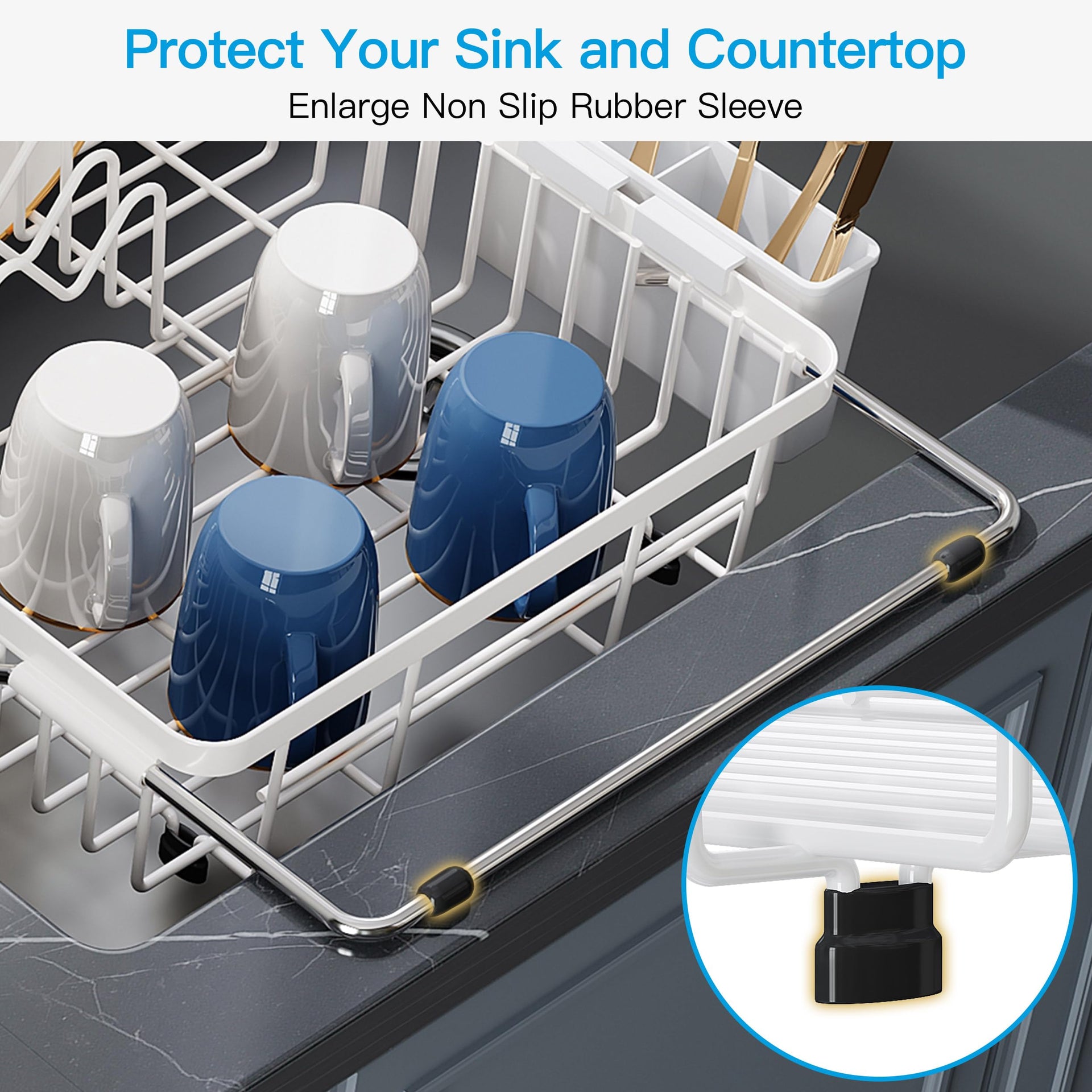 White Dish Drying Rack Over the Sink with Utensil Holder