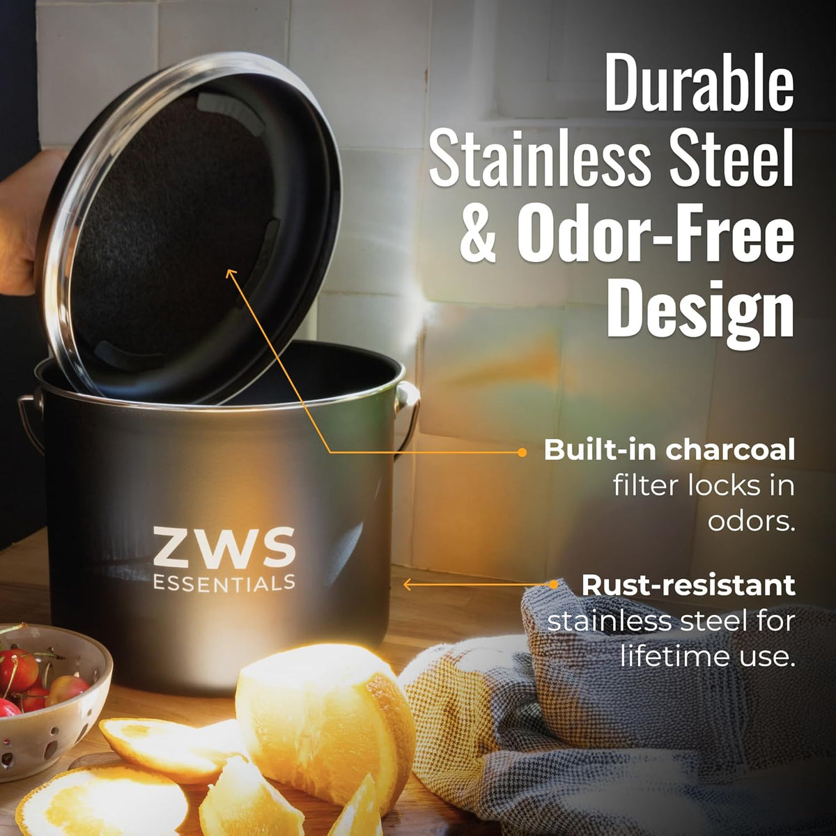 Black Stainless Steel Compost Bin | 6.5L Odor-Free Kitchen Countertop Food Scrap Pail with Charcoal Filter | Compact Zero Waste Solution for Home and Apartment Kitchens