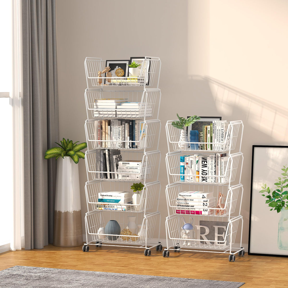 6 Tier Tall Stackable Wire Storage Baskets with Wheels (6 Count)