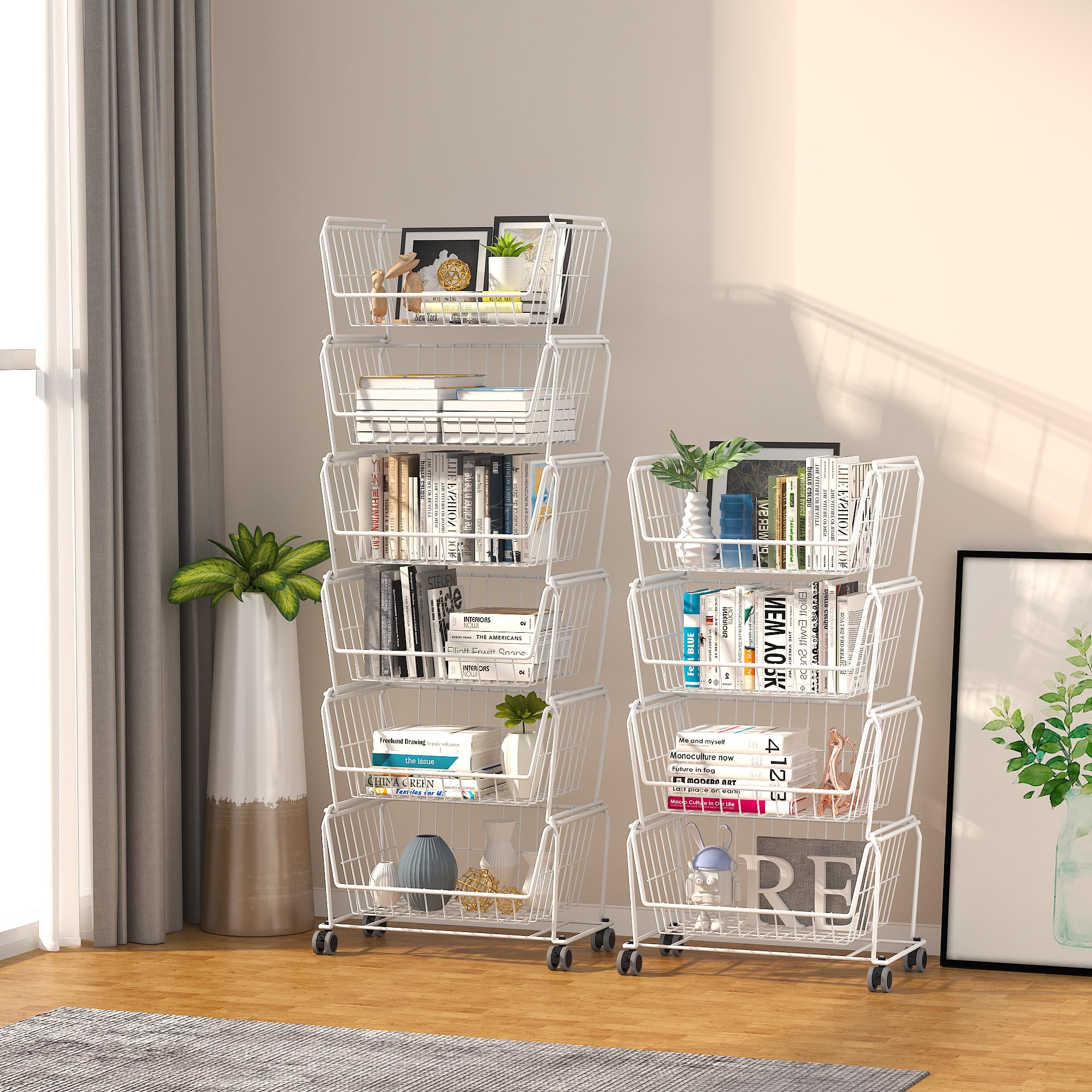 4 Tier Spacious Stackable Wire Storage Baskets with Wheels