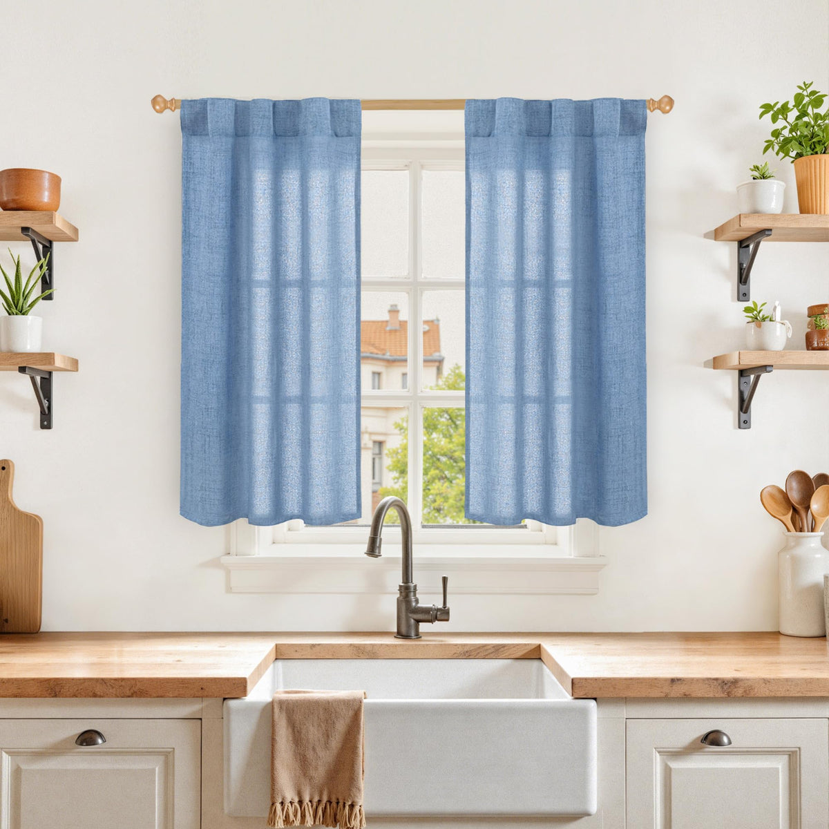 Denim Blue Linen Curtains 40 Inch Length for Bathroom Window (2 Count)