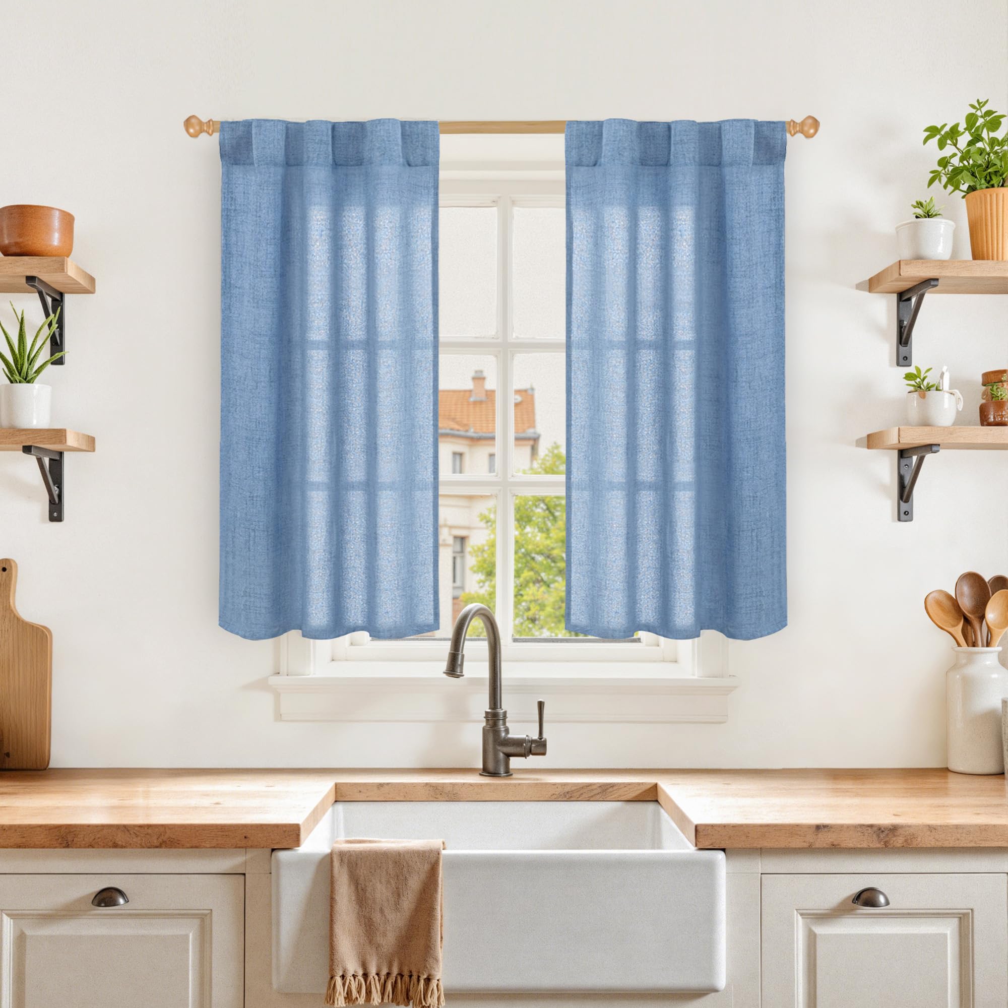 Denim Blue Linen Curtains 40 Inch Length for Bathroom Window (2 Count)