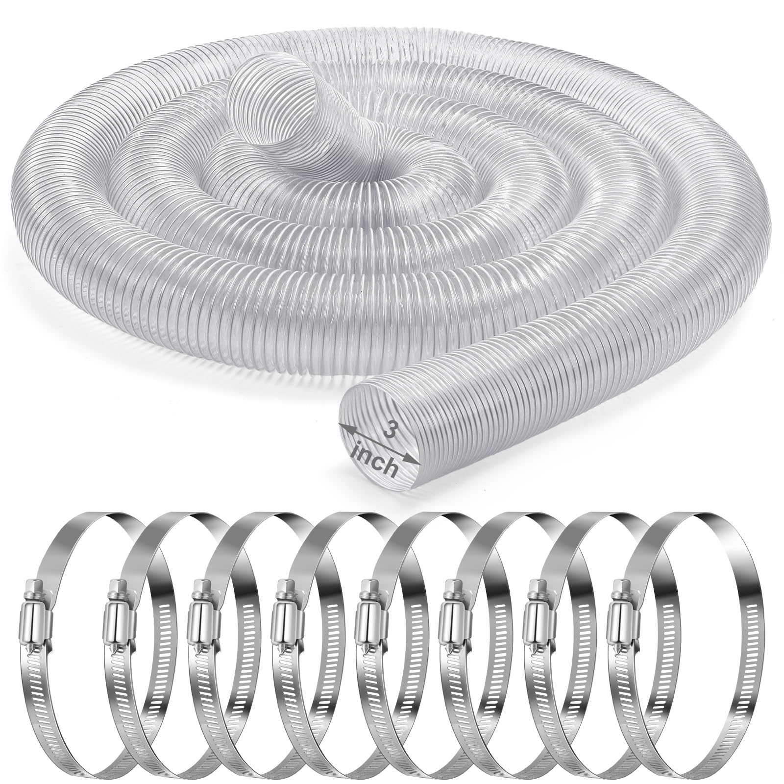 3 Inches 30 ft PVC Dust Collection Hose with Stainless Steel Hose Clamps Set Flexible Clear Vacuum Hose Puncture Resistant Fume Hose for Vacuums Cleaner Fume Dust Collection System