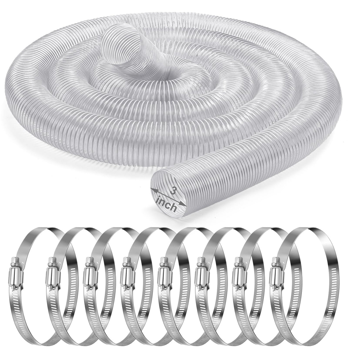 3 Inches 30 ft PVC Dust Collection Hose with Stainless Steel Hose Clamps Set Flexible Clear Vacuum Hose Puncture Resistant Fume Hose for Vacuums Cleaner Fume Dust Collection System