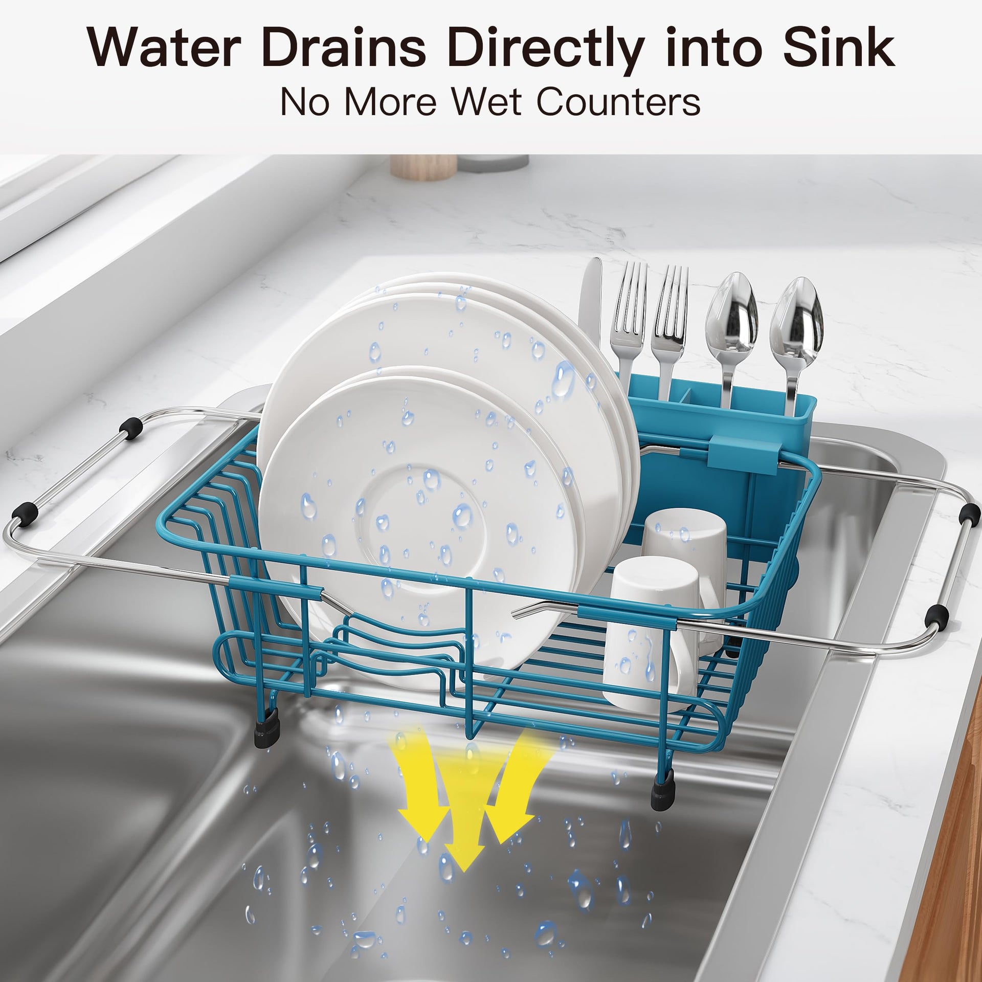 Blue Dish Drying Rack in Sink with Utensil Holder