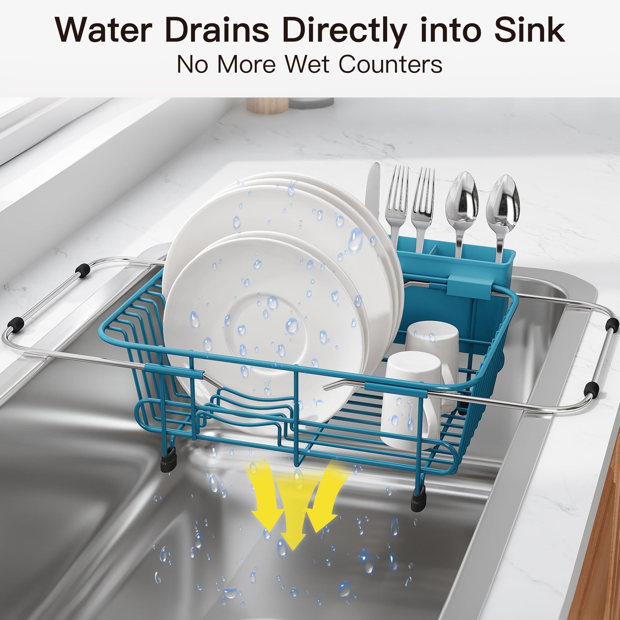 Blue Dish Drying Rack in Sink with Utensil Holder