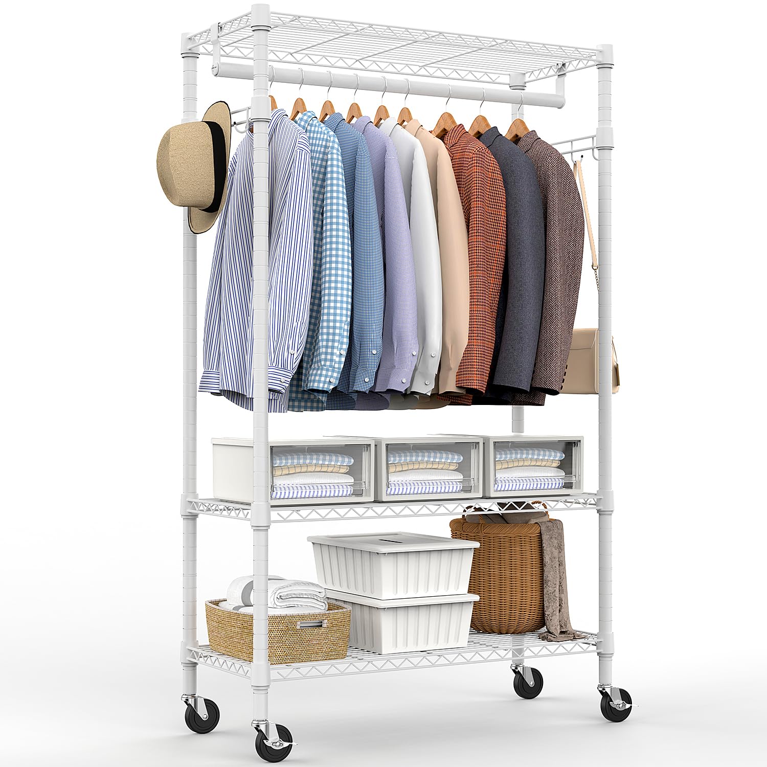 Heavy Duty Rolling Garment Rack 3 Tiers Adjustable Wire Shelving Clothes Rack with Rods and Side Hooks