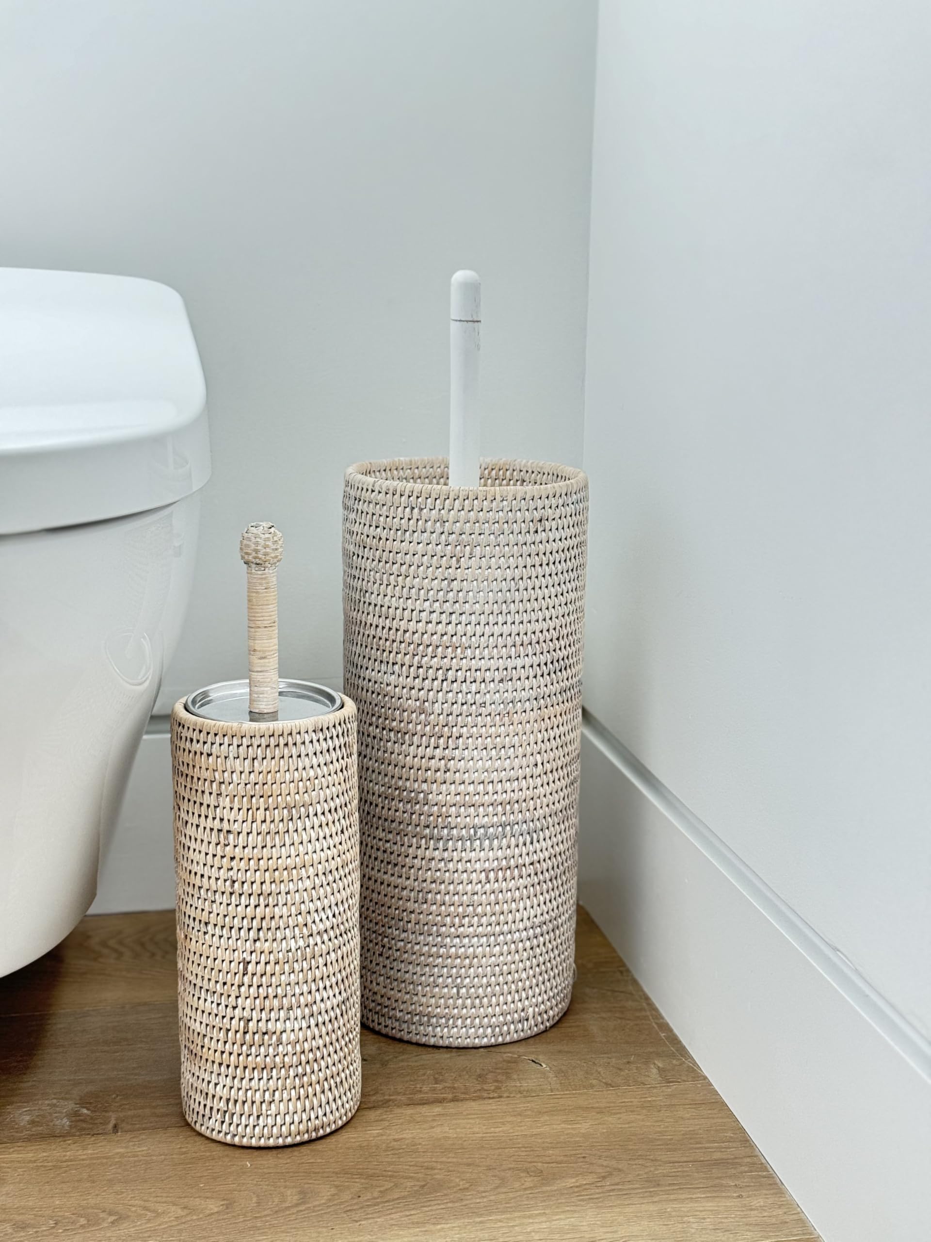 Rattan Toilet Brush Holder Set with Lid Bathroom Decor White Wash