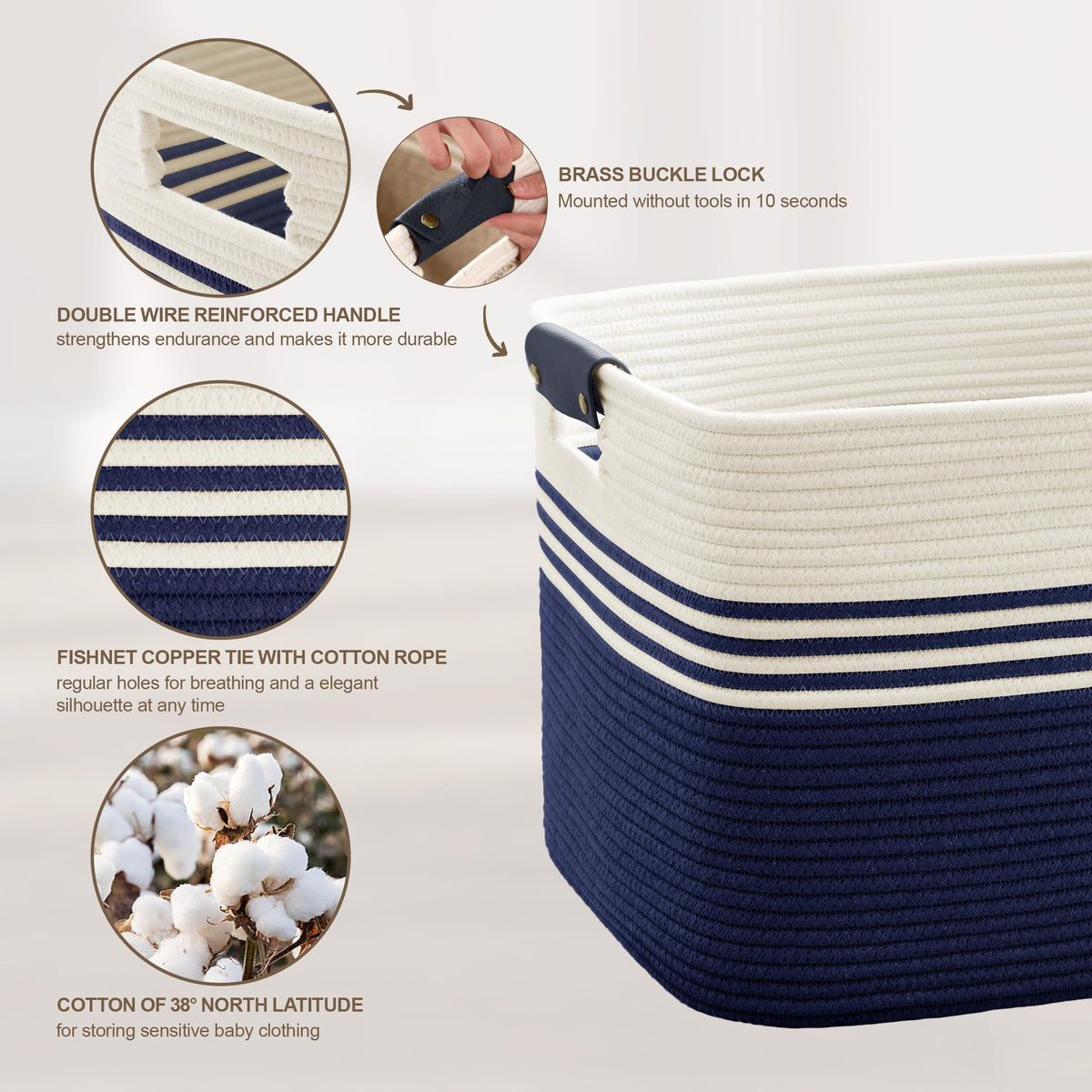100L Large Woven Laundry Basket Hamper with Leather Handles