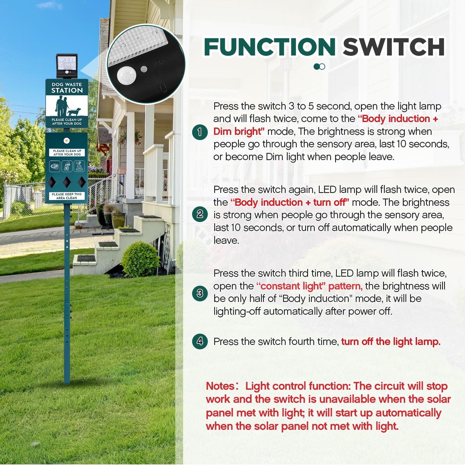 Dog Waste Station with Solar Panels Outdoor Light Up at Night