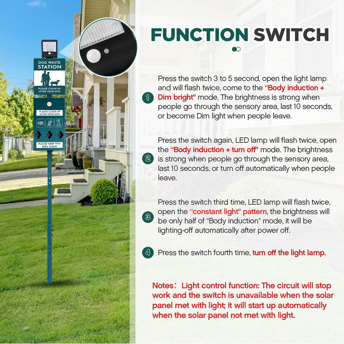 Dog Waste Station with Solar Panels Outdoor Light Up at Night