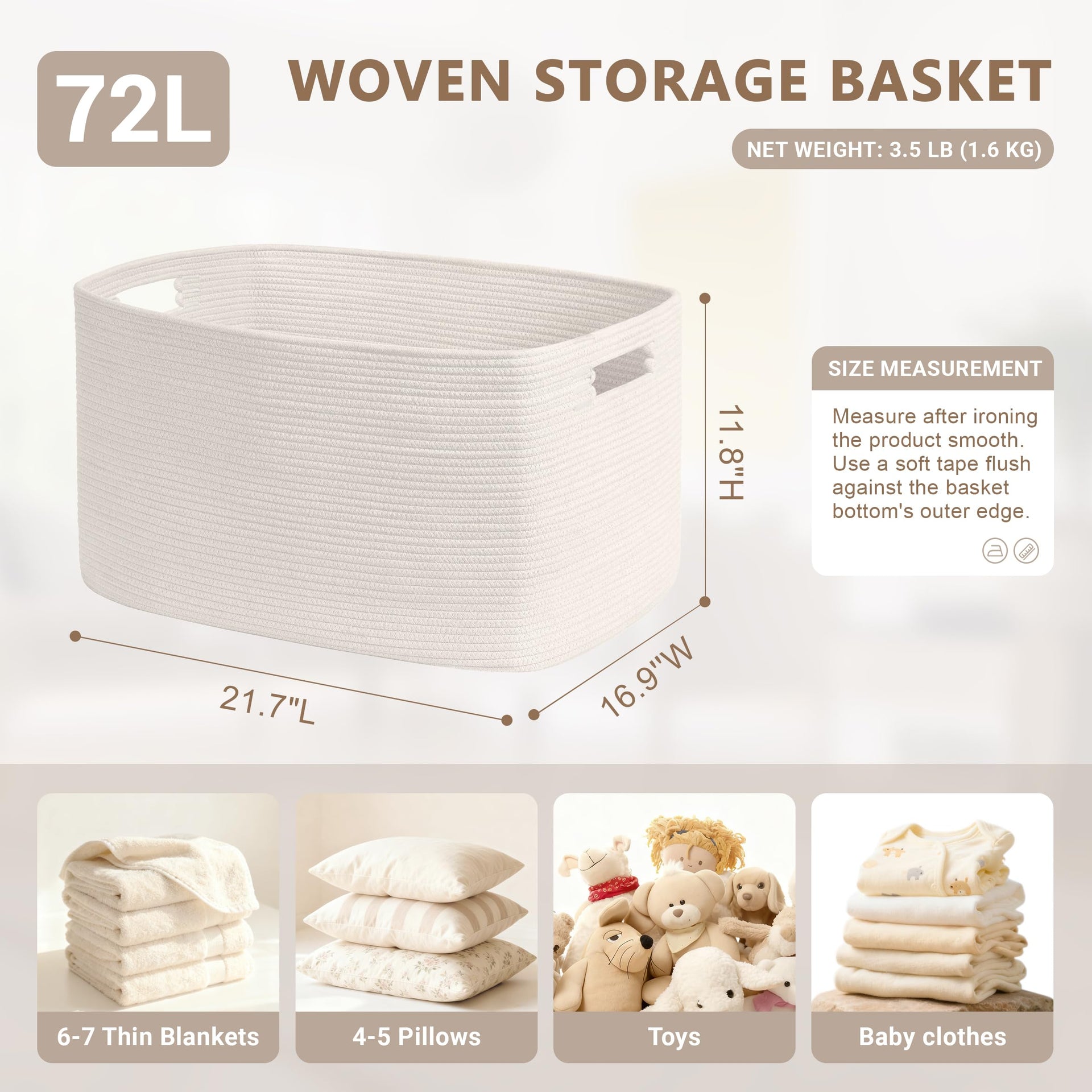 72L Large Woven Laundry Basket Hamper with Handles