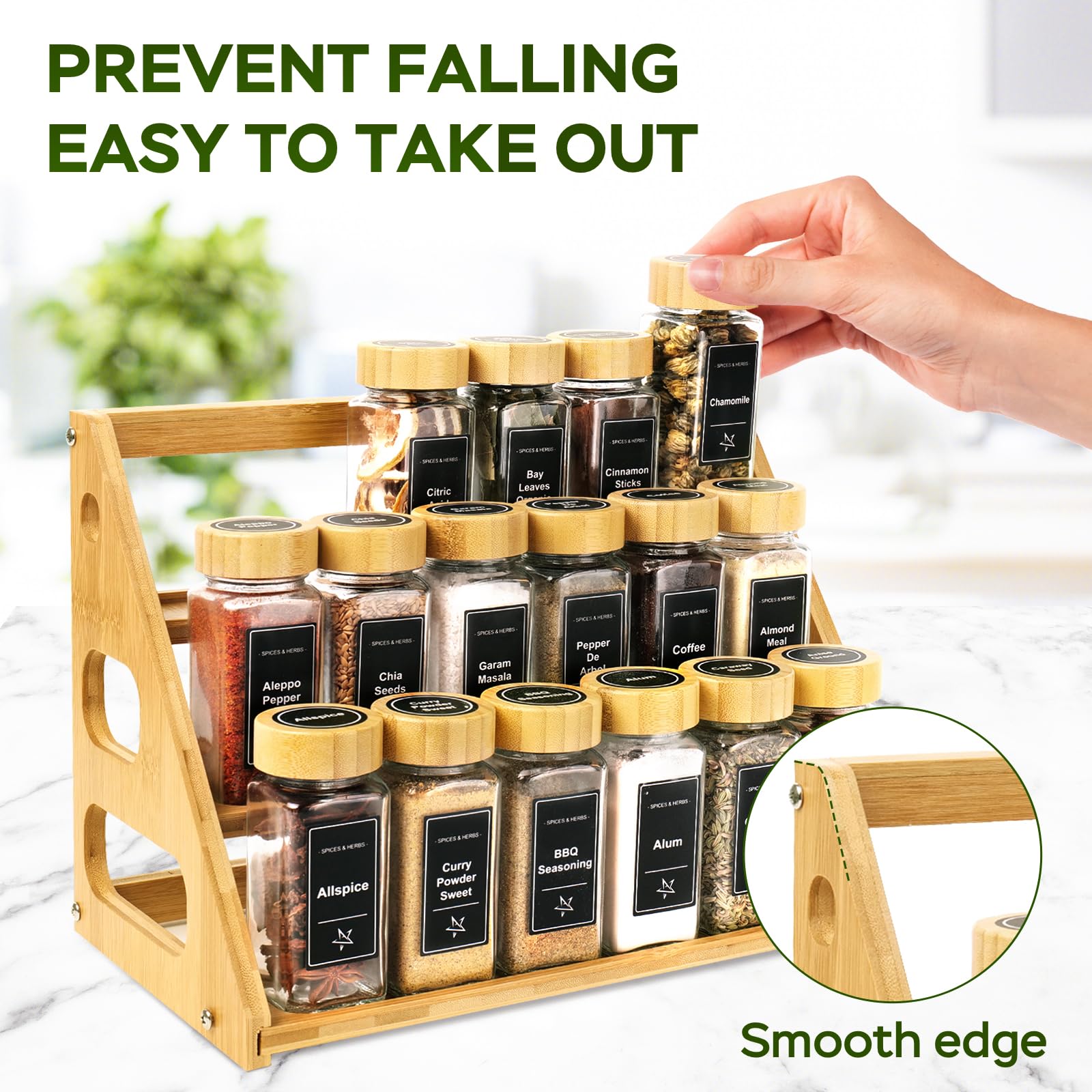 3 Tier Bamboo Spice Rack Organizer with 18 Empty 4 oz Glass Spice Jars