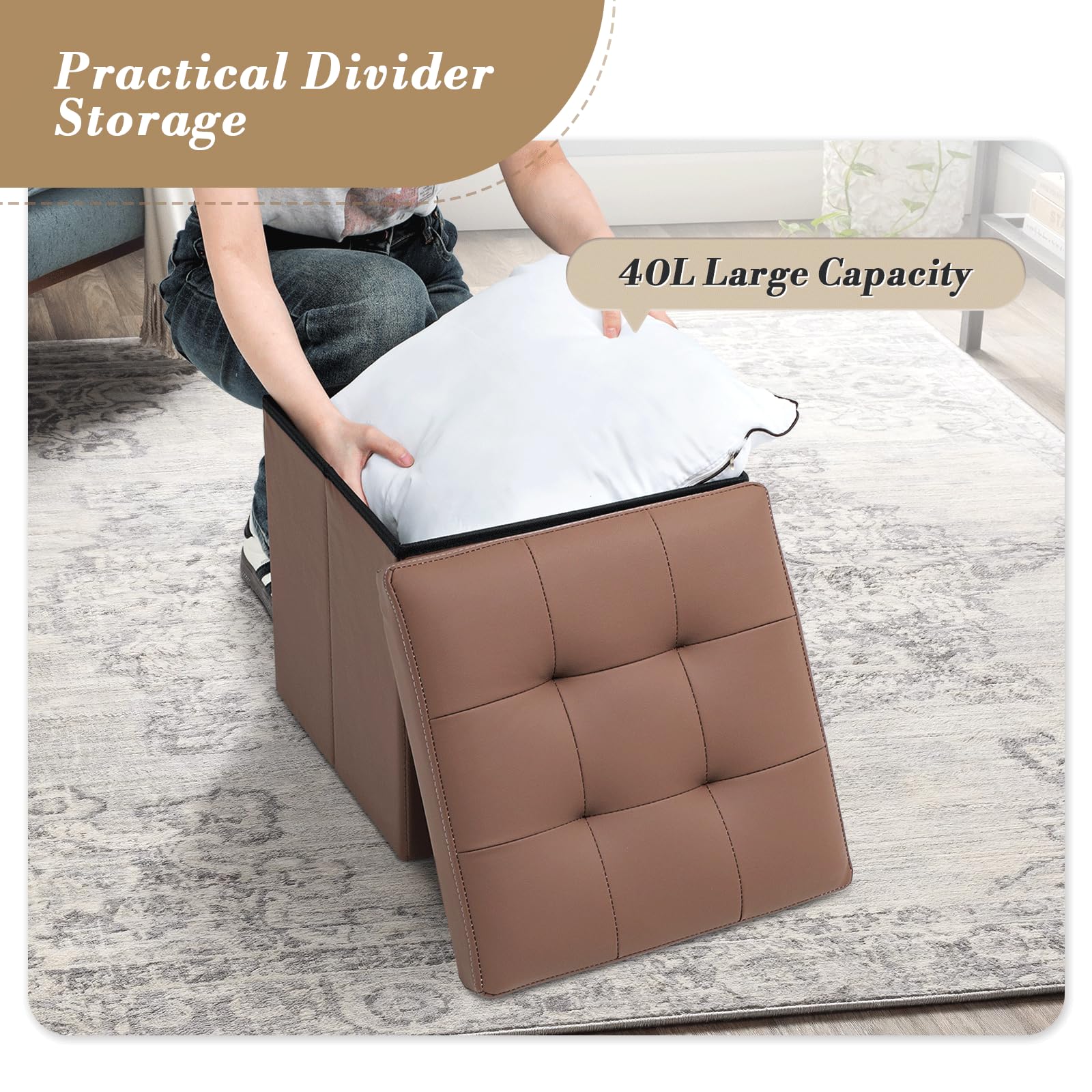 15" Storage Ottoman Bench Folding Bench with 40L Hidden Storage