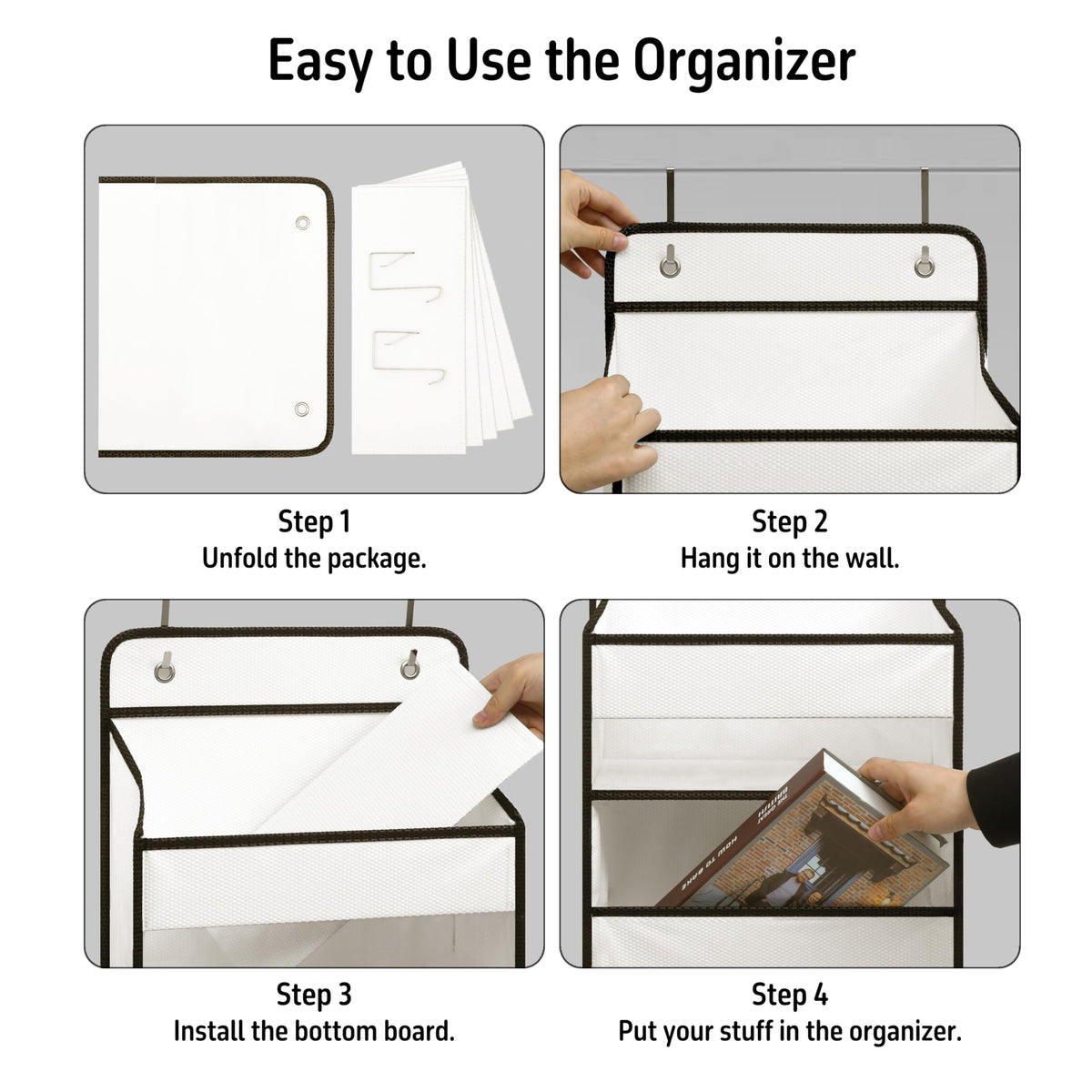 White Over Door Organizer with 5 Large Clear Pockets and 6 Side Mesh Pockets