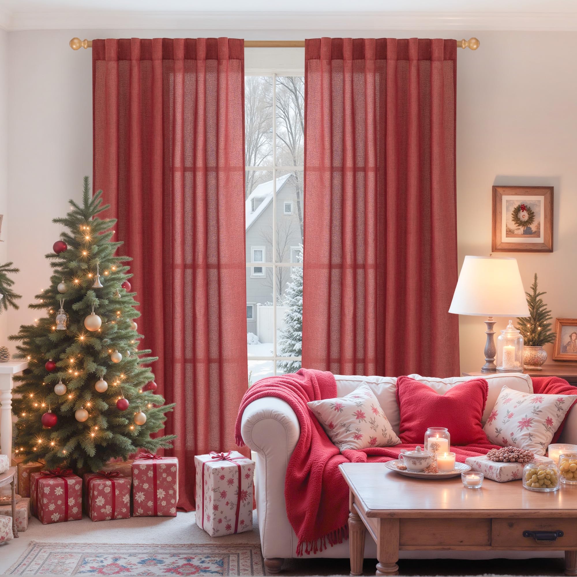 Burgundy Red Linen Curtains 84 Inch Length for Living Room Deocr (2 Count)