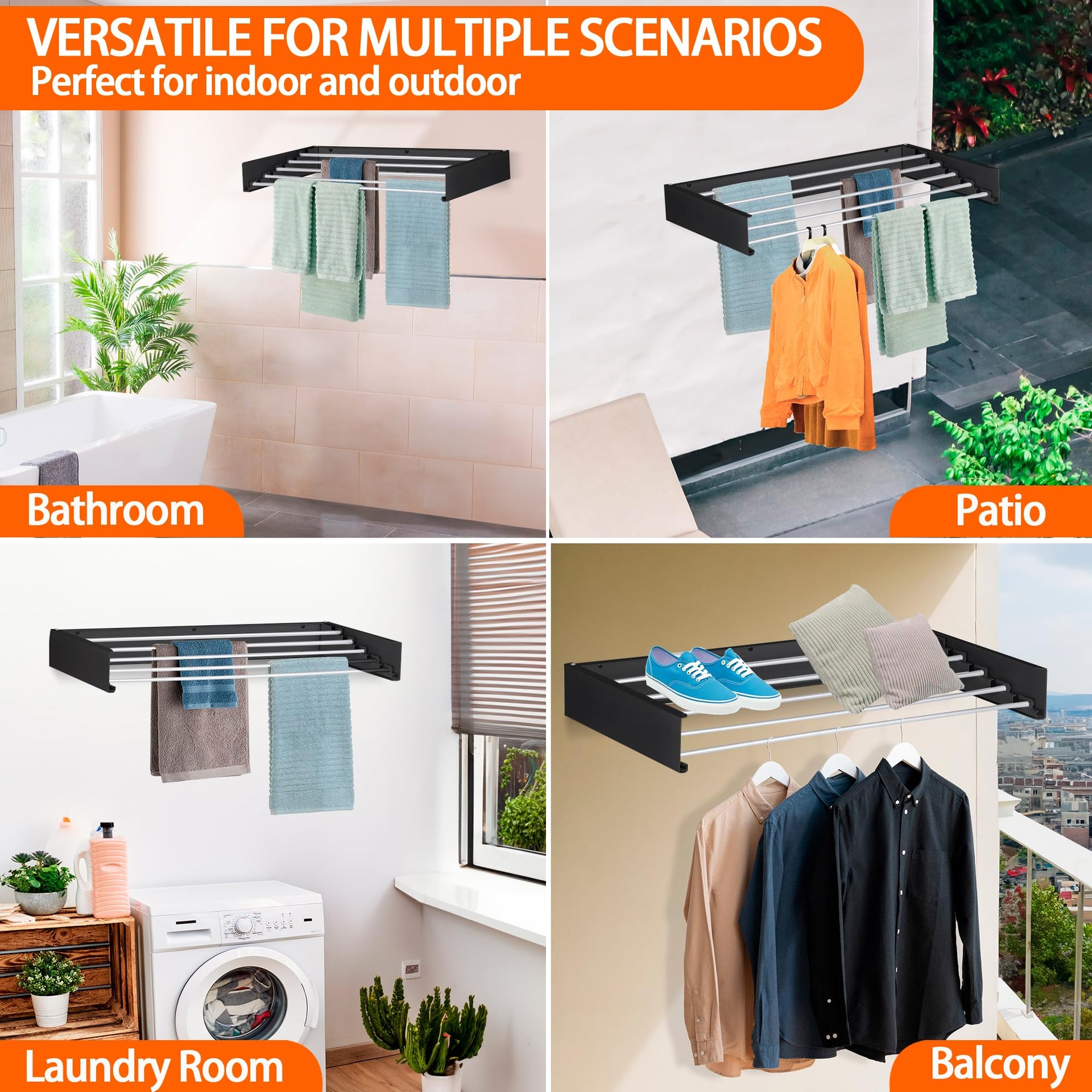 Laundry Drying Rack Wall Mounted Clothes Drying Rack Collapsible with 5 Aluminum Rods and Drilling Template Long Screwdriver Bit 60 lbs Capacity
