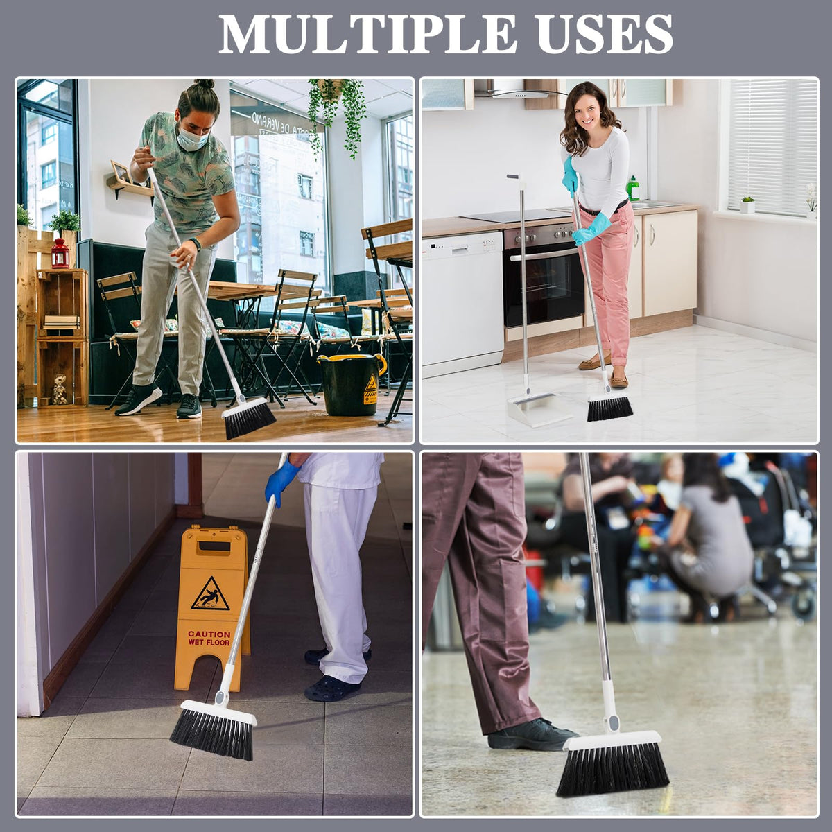 4 Set 8 Pcs Broom and Dustpan Set 47 Inch Long Handle Brooms for Sweeping Indoor Household Dustpans for Indoor Outdoor Kitchen Floor