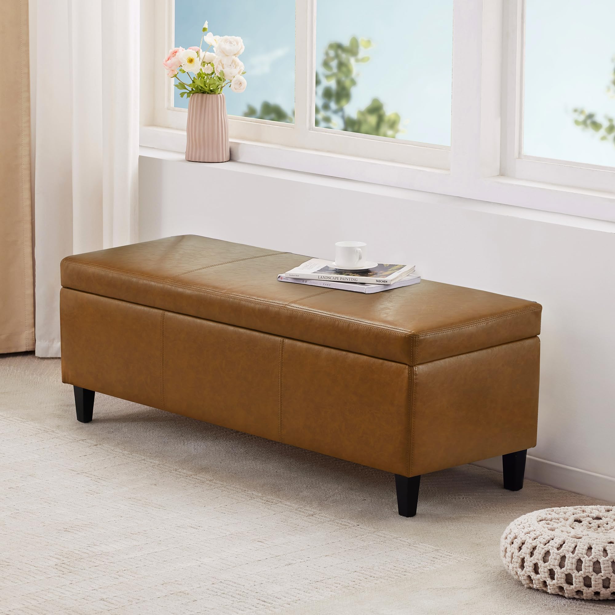 Faux Leather Storage Ottoman Bench 50.3 Inch Extra Long PU Upholstered Bedroom Bench with Large Storage Space for The Living Room