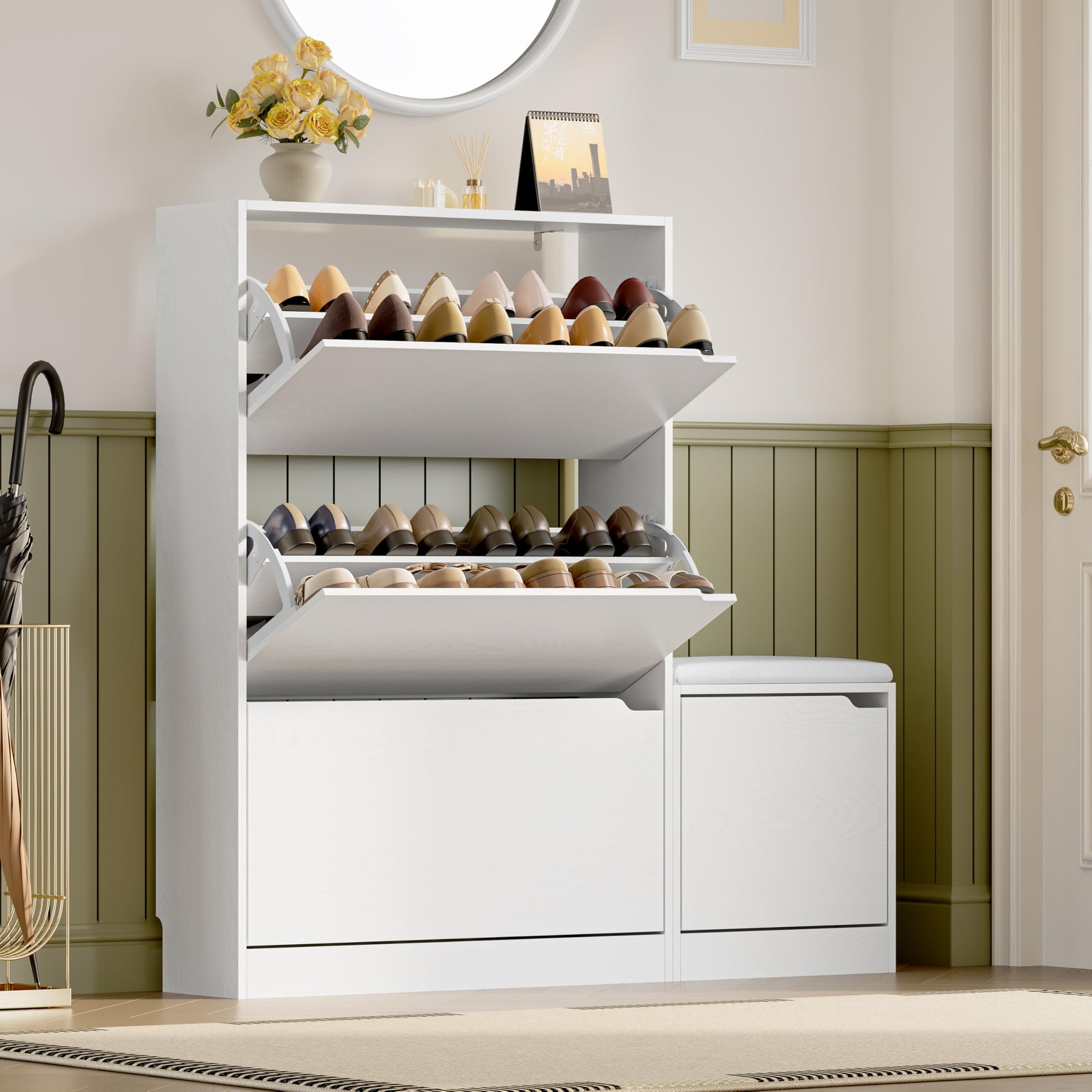 Shoe Cabinet with Bench and 3 Flip Drawers