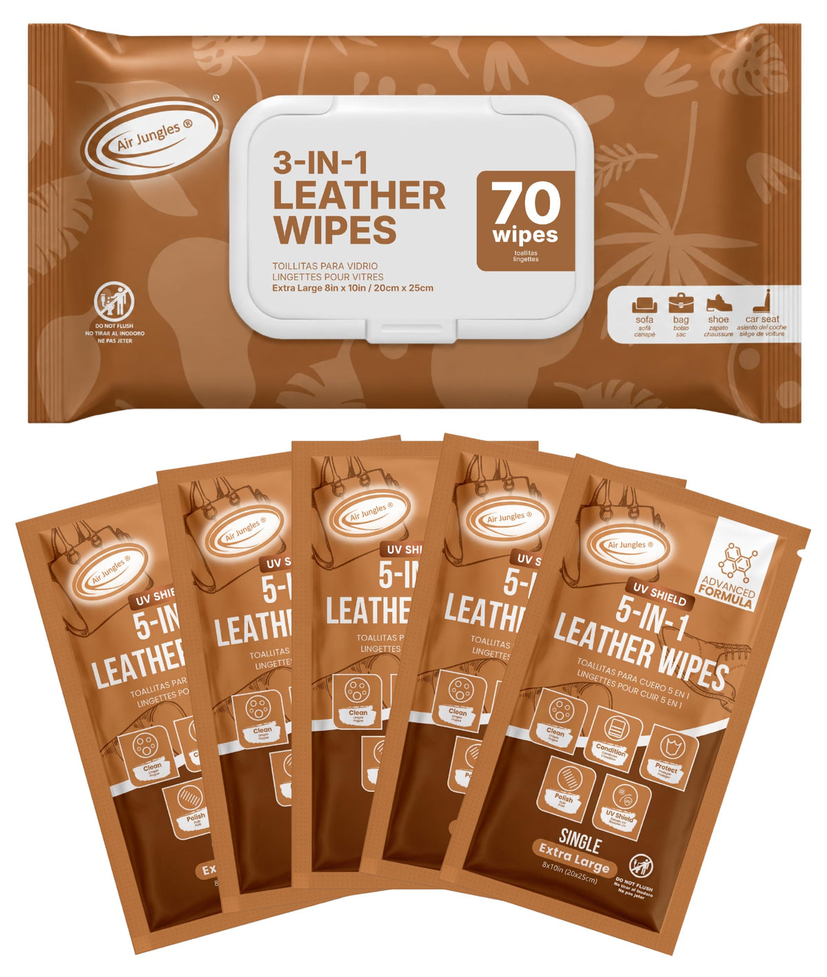Leather Wipes 70 Ct + 5 of UV Protect Single Pack (75 Count)