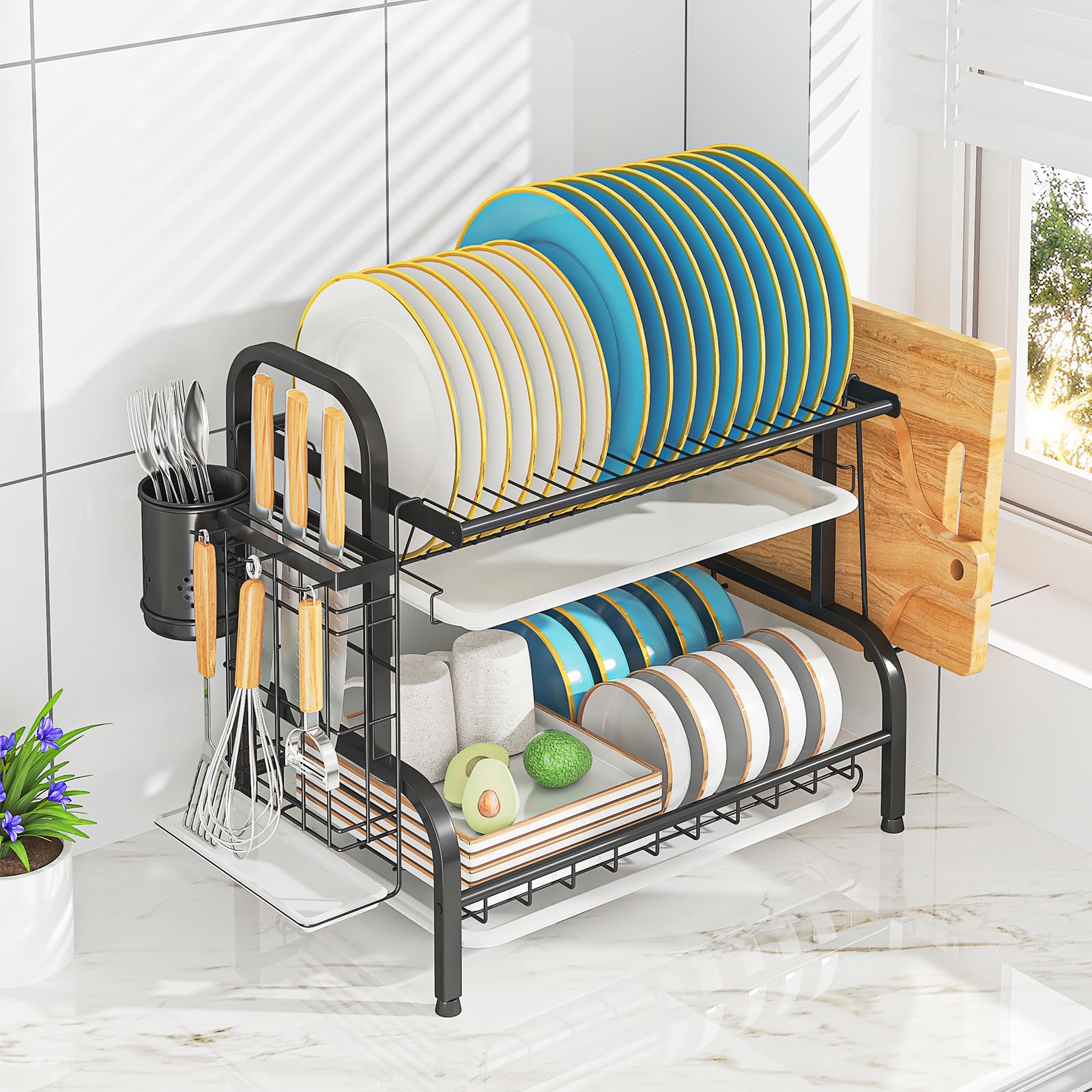 2 Tier Stainless Steel Dish Drying Rack with Drainboard