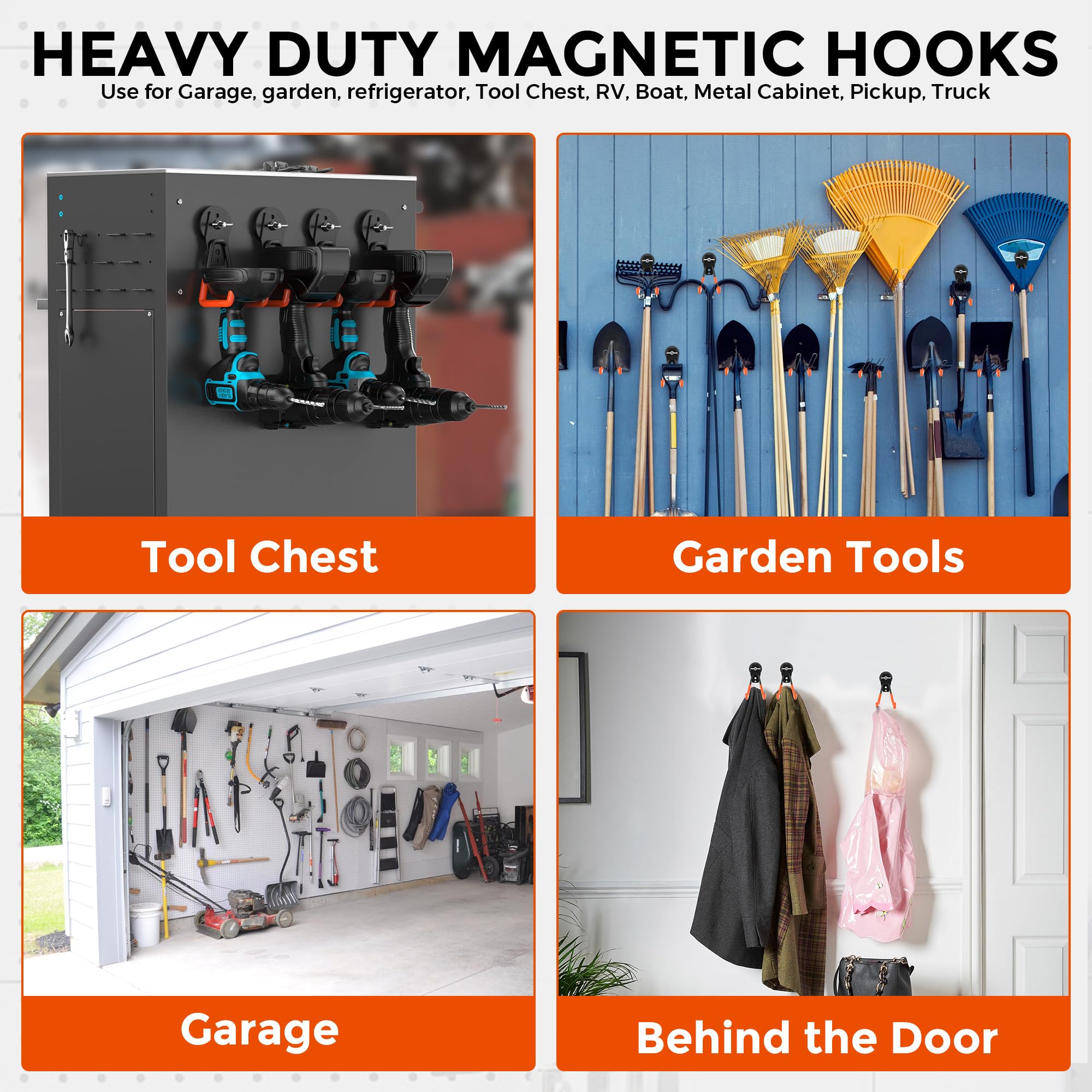 4 Pcs Large Strong Magnetic Hooks Heavy Duty Garage Big Magnet Hooks Extra Strength Magnetic Utility Storage Hook Hanger with Anti Slip Coating for Garden Indoor Outdoor Hanging Tools Orange (4 Count)