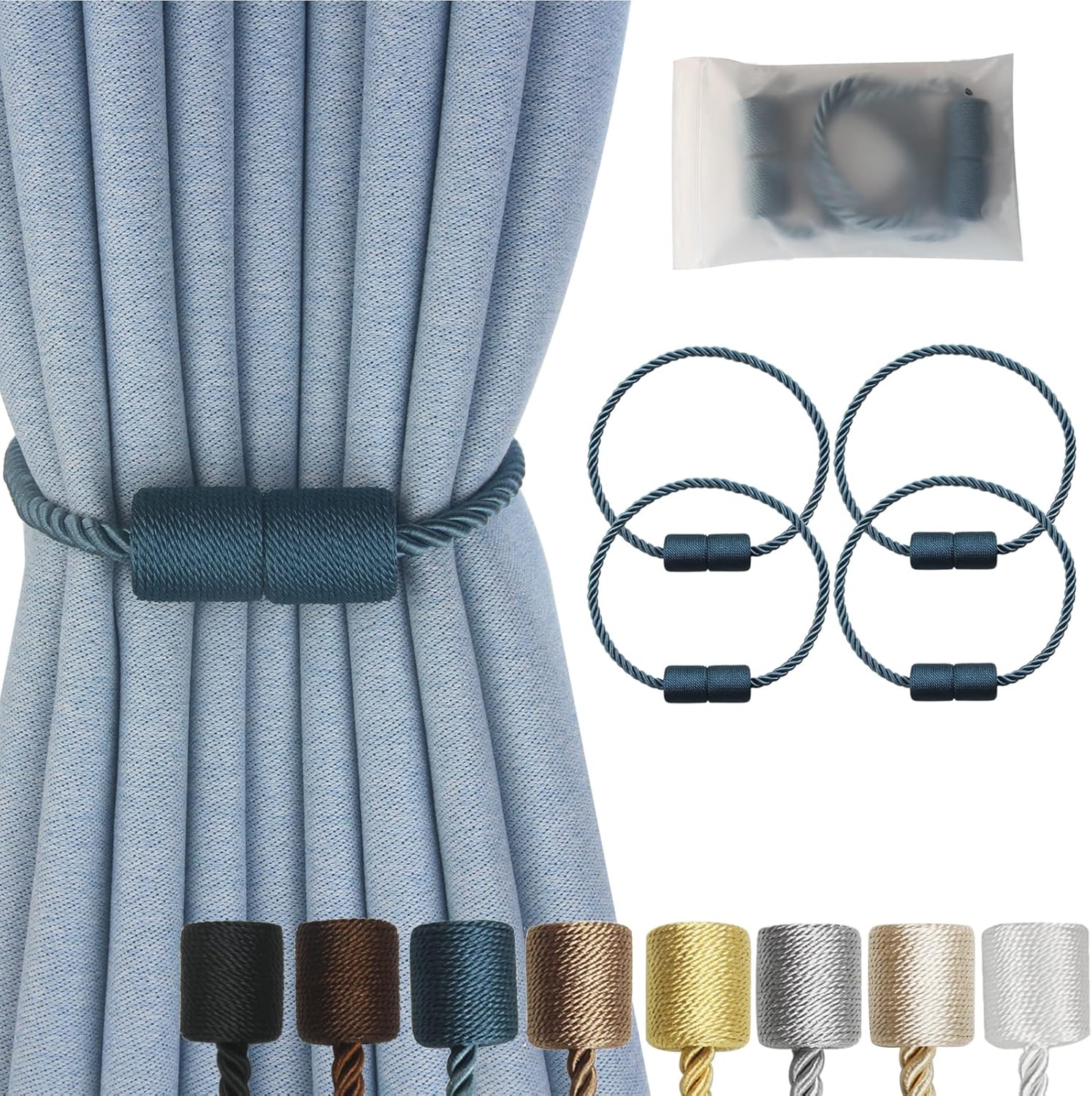 Magnetic Curtain Tiebacks 4 Pack Blue Curtain Rope Tieback Curtain Holders for Drapes Modern Tie Backs Decorative Curtain Holdbacks