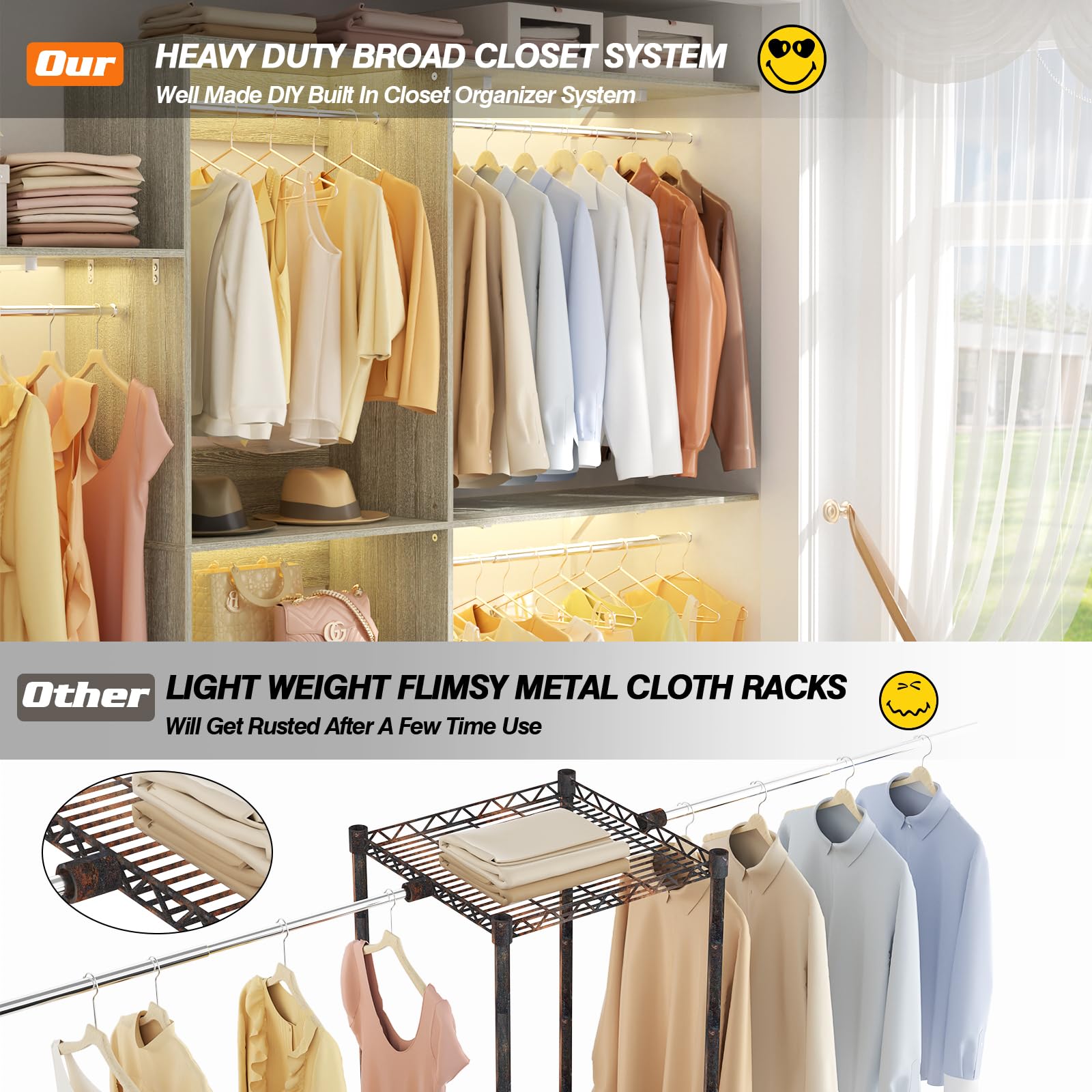 8FT Closet System with 3 Wooden Storage Shelves