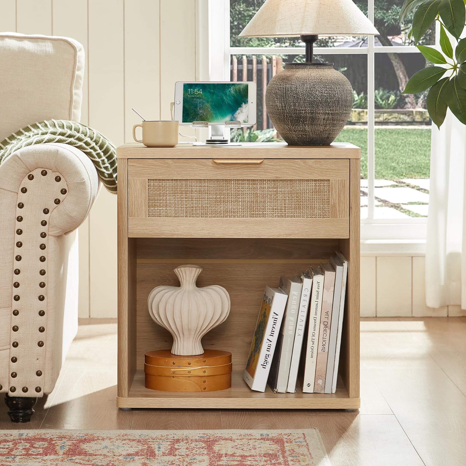 Rattan Nightstand with Charging Station