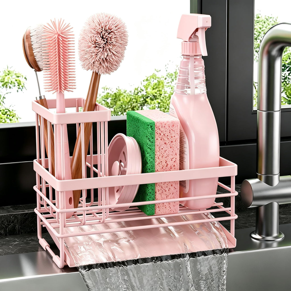 Pink Sink Caddy Sponge Holder for Kitchen with Brush Holder and Stainless Steel Self Drain Tray