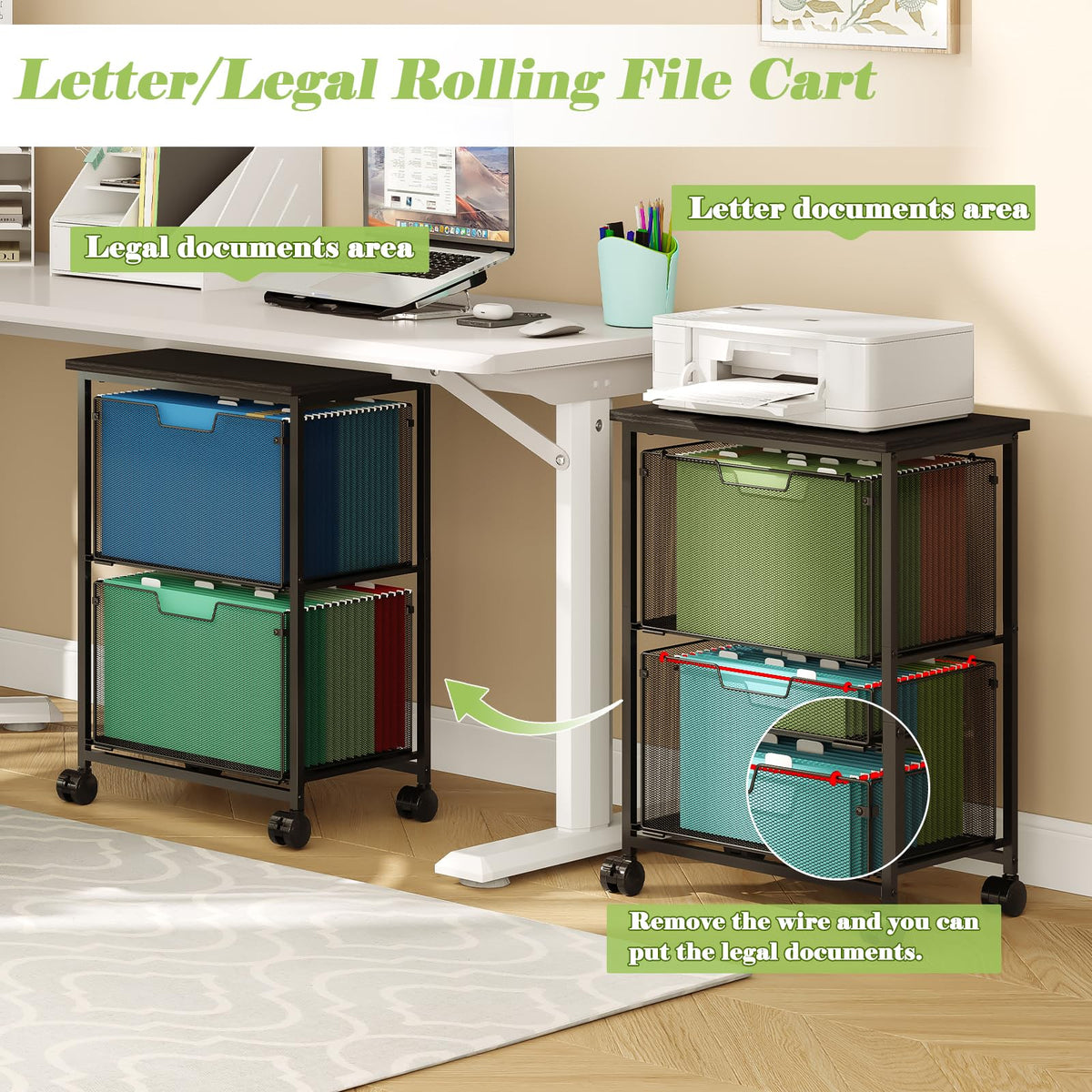 Letter Legal Rolling File Cart with 2 Storage Drawers