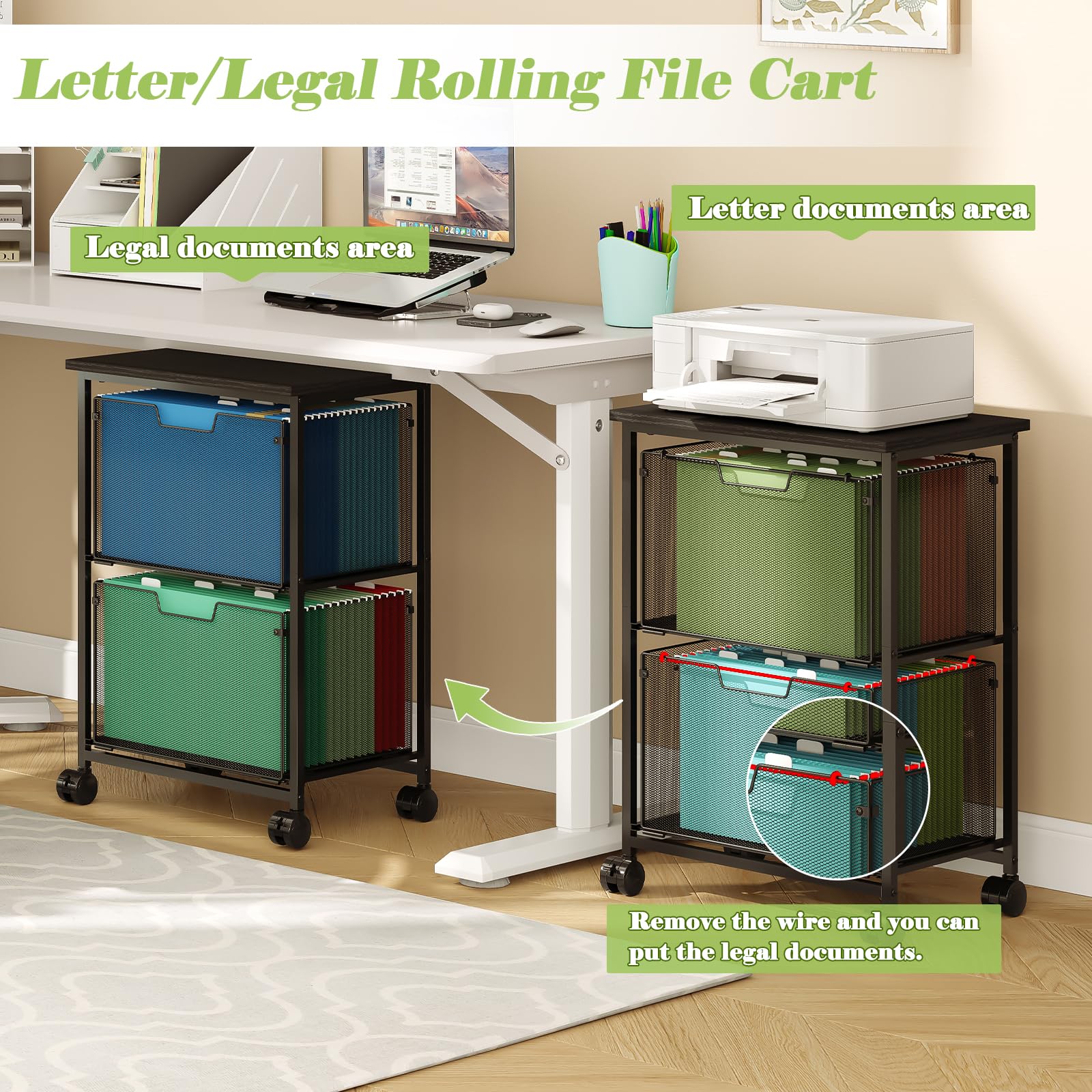 Letter Legal Rolling File Cart with 2 Storage Drawers