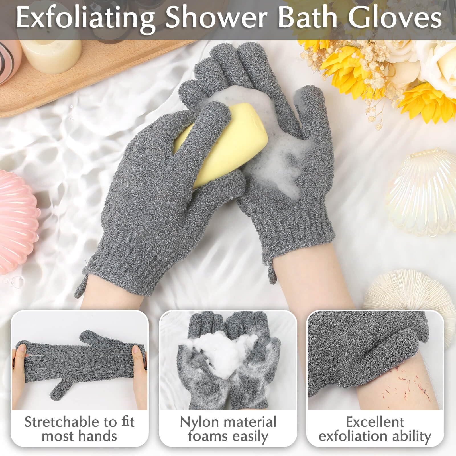 Exfoliating Back Scrubber Bath Gloves Set (3 Count)
