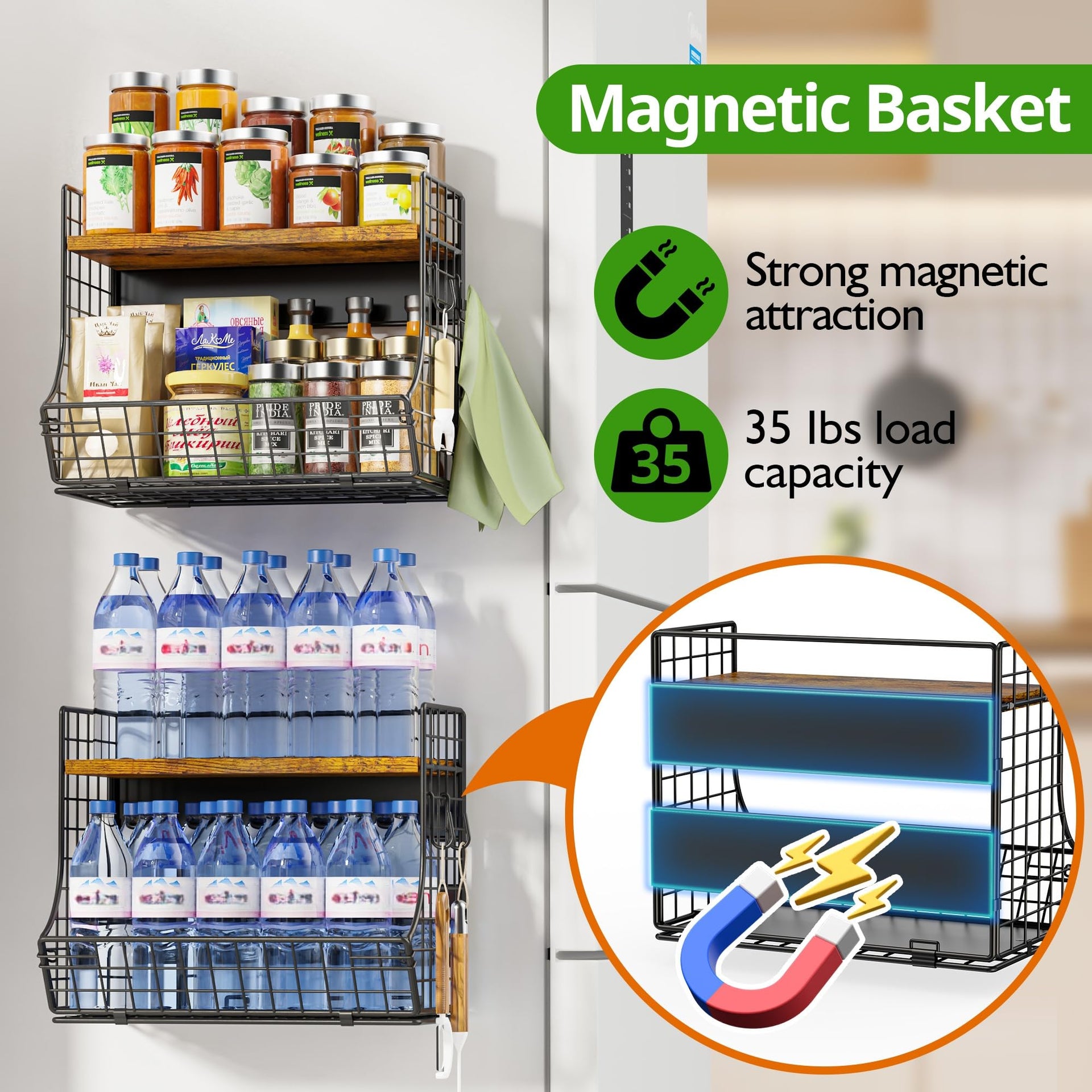 2 Pack Magnetic Shelf for Fridge with Wood Lid