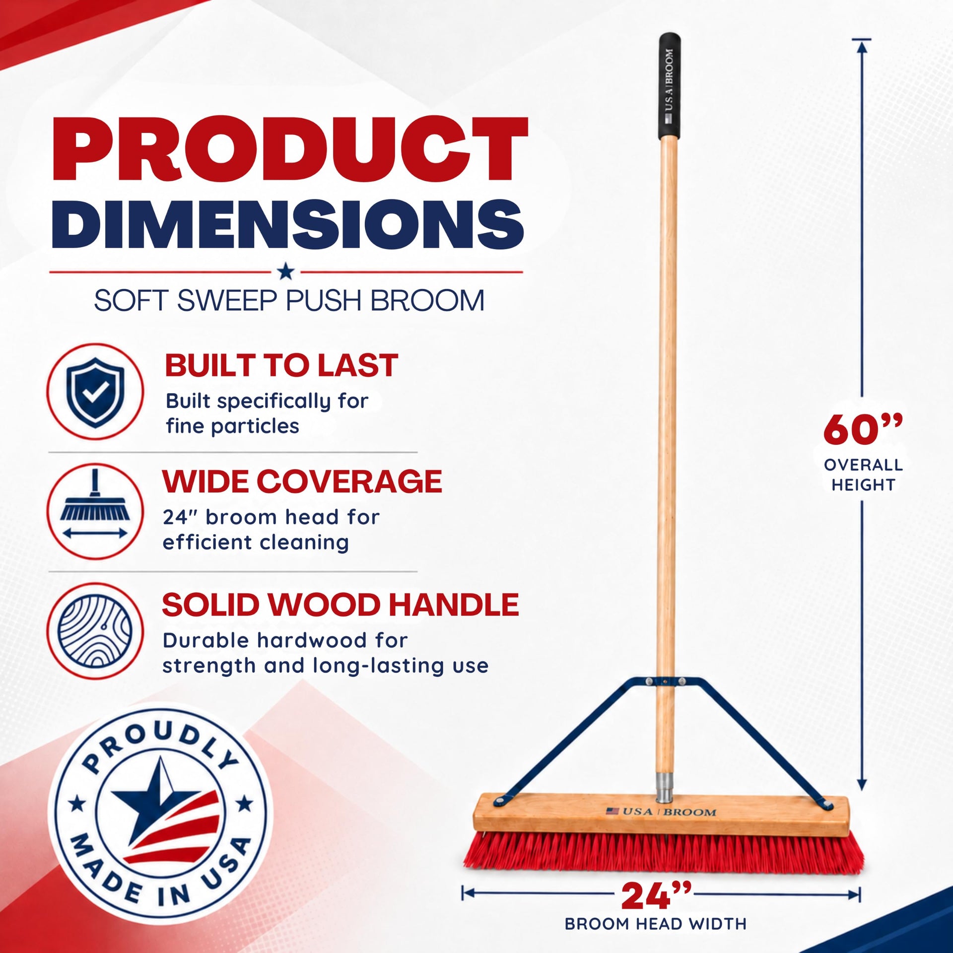 4-Pack - 24" Soft Sweep Indoor Push Broom with 60" Handle. Ideal for Epoxy & Polished Floors. Durable American Made Steel Brackets-Stainless Steel Hardware. No Plastic. 100% USA Made (4 Count)