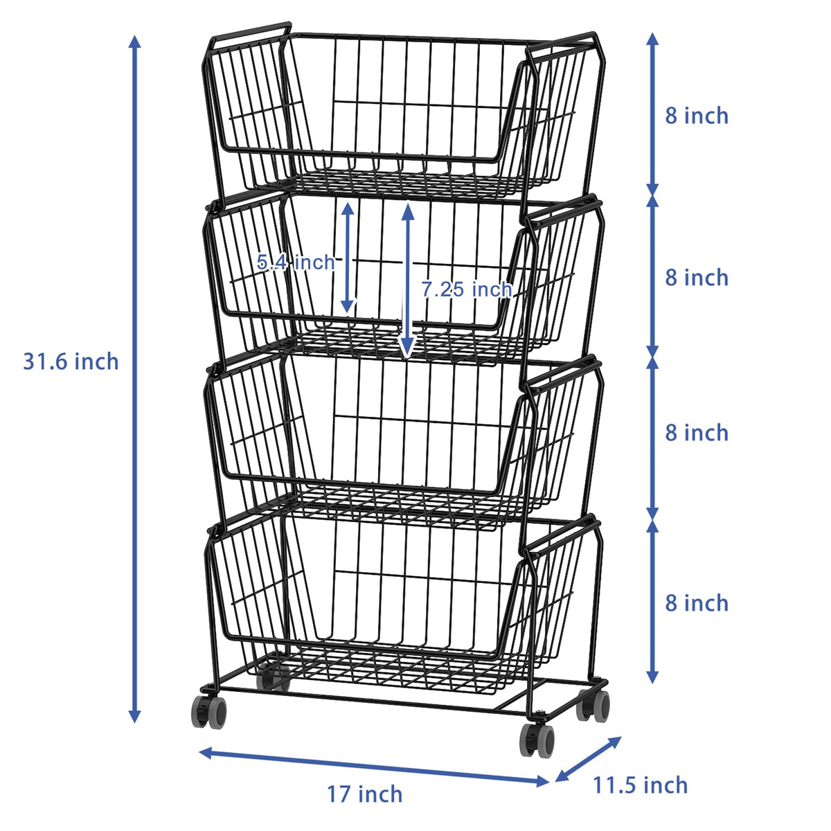4 Tier Spacious Stackable Wire Storage Baskets with Wheels