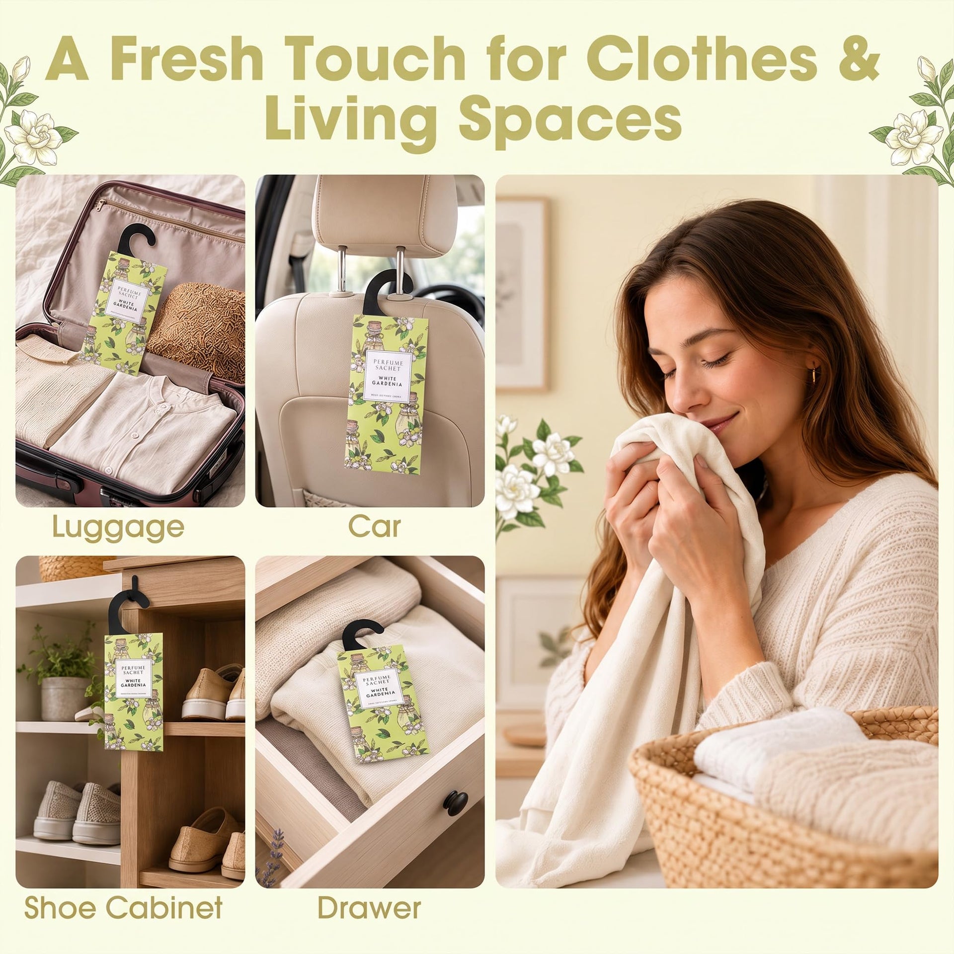 Large 12 Packs White Gardenia Hanging Scented Sachets Long (12 Count)