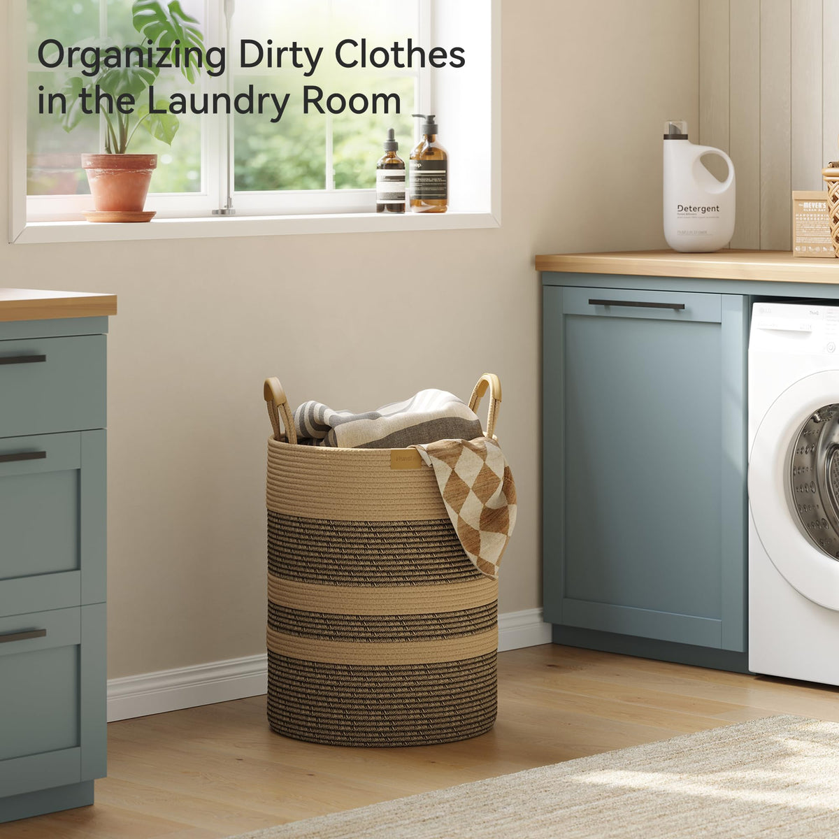 62L Striped Laundry Hamper with Leather Handles