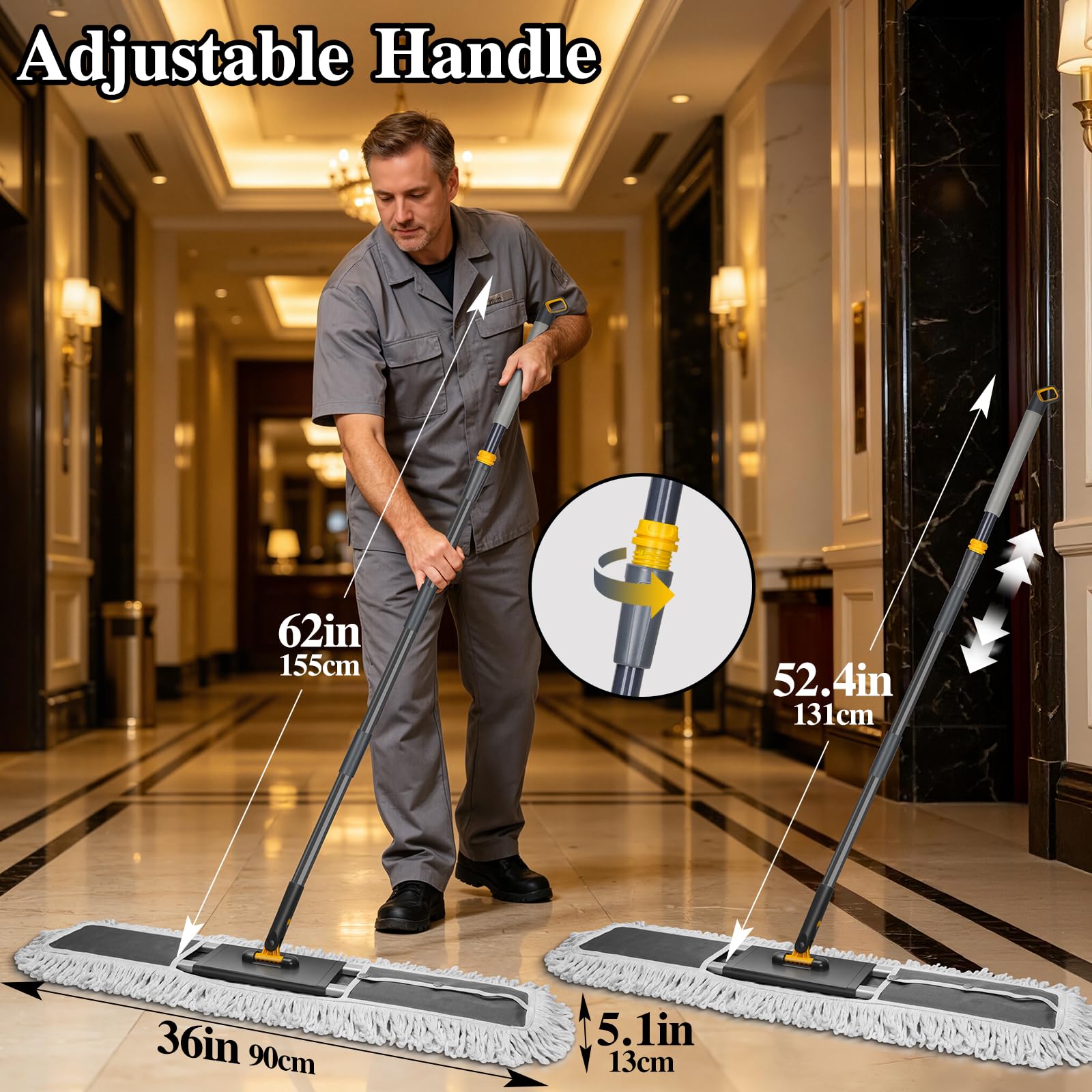 36” Commercial Dust Mop with 62” Adjustable Handle & 3 Reusable Pads