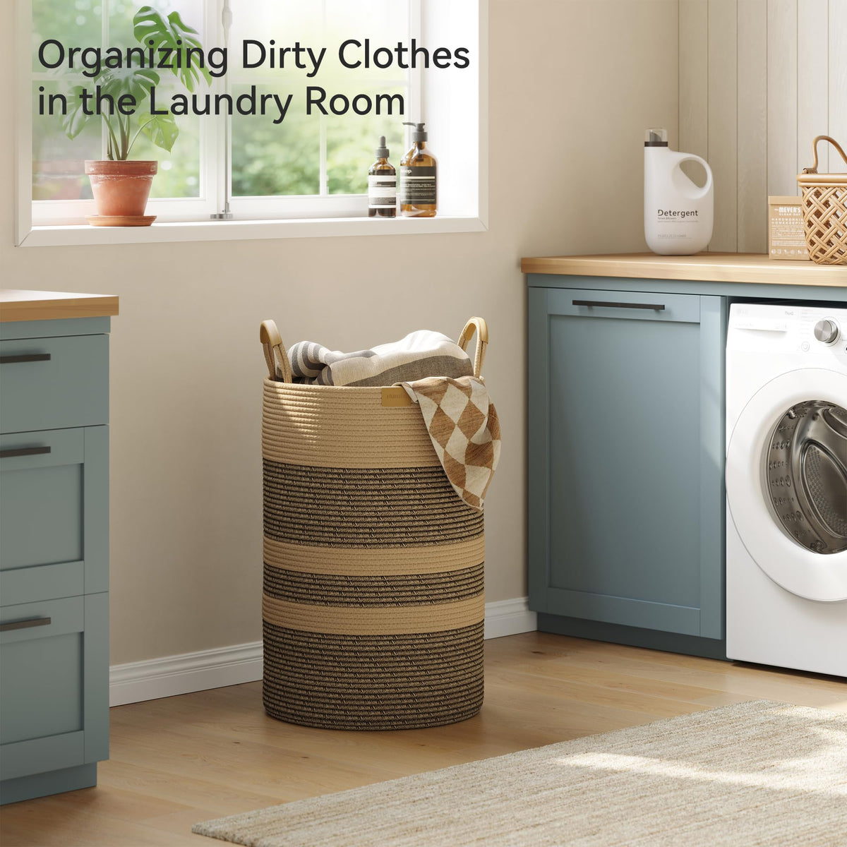 75L Striped Laundry Hamper with Leather Handles