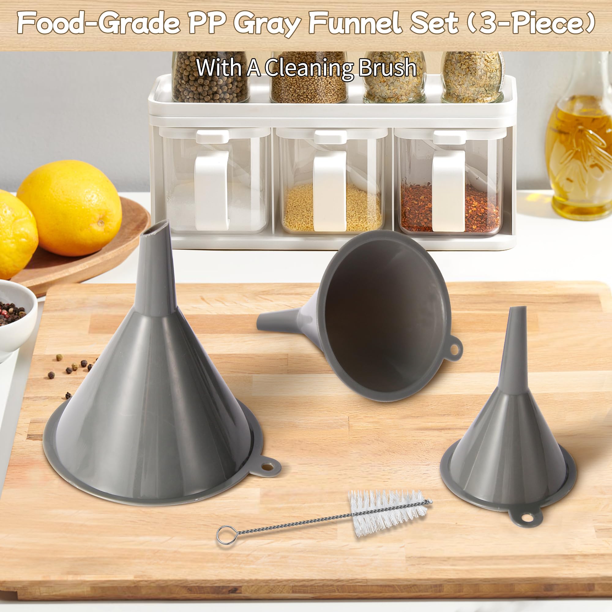 Plastic Kitchen Funnel Set of 3 with Clean Brush