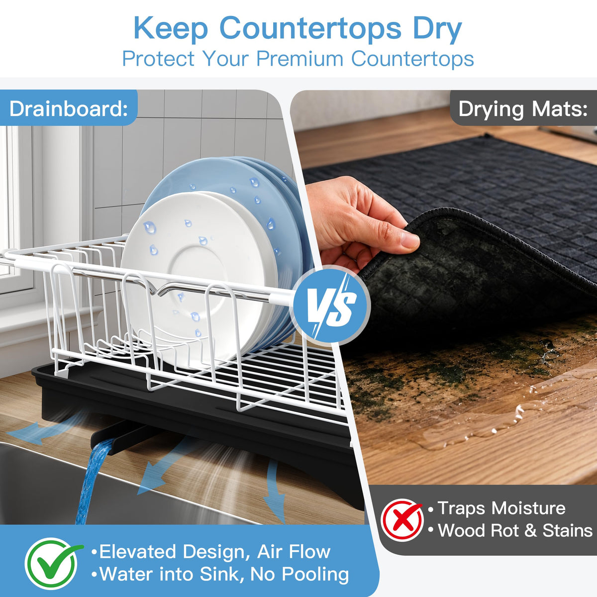 White Dish Drying Rack in Sink with Drainboard and Utensil Holder
