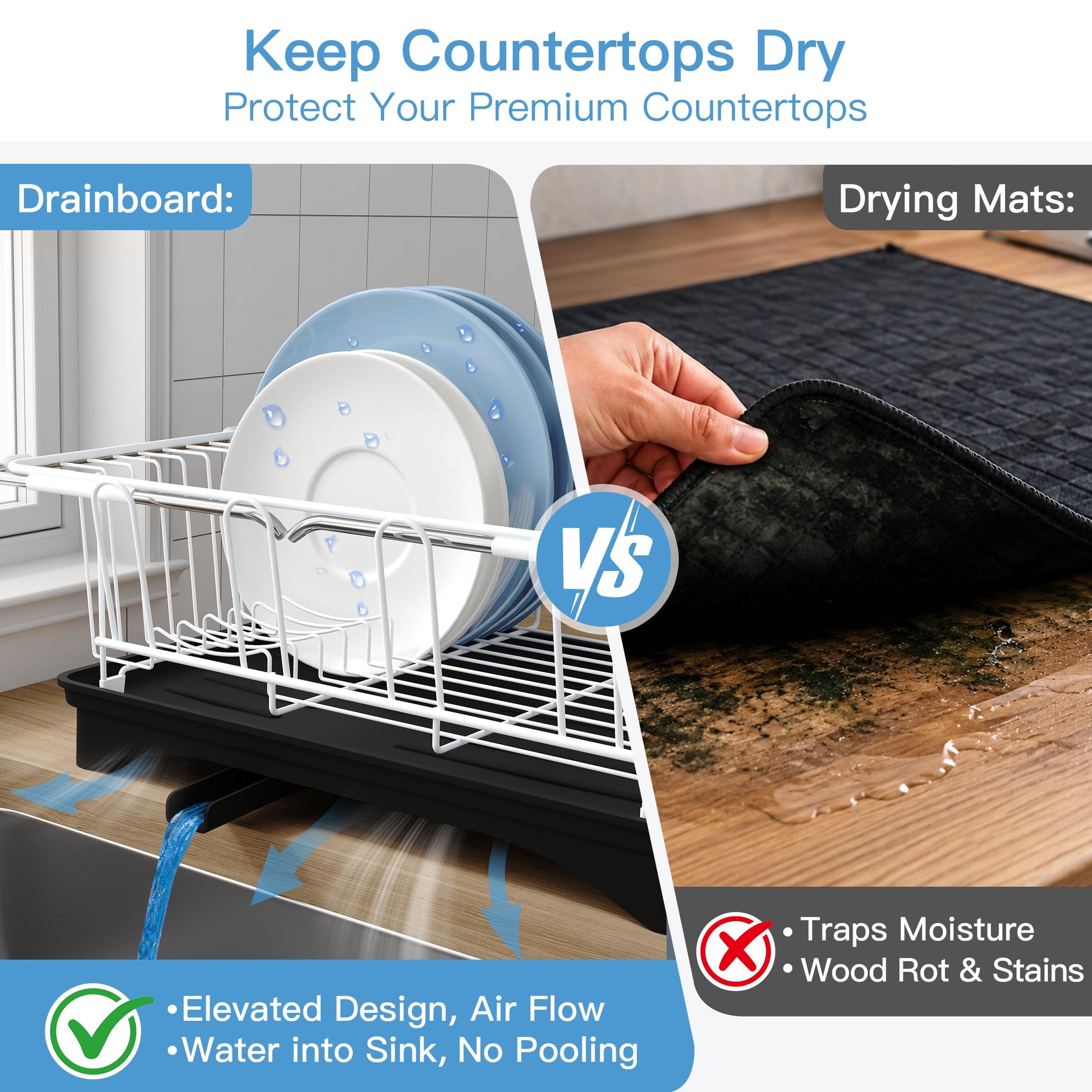 White Dish Drying Rack in Sink with Drainboard and Utensil Holder
